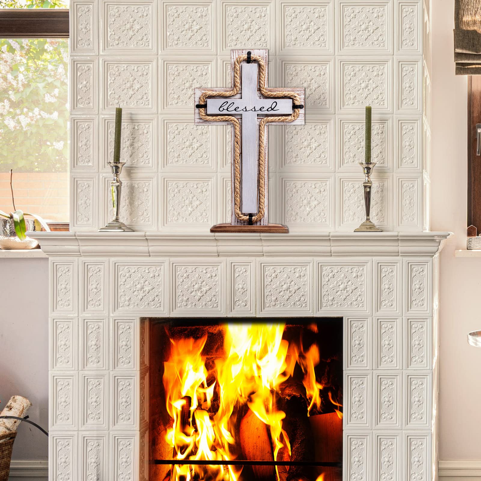 OKSQW Wall Wooden Cross with Wooden Base Christians Crosses Spiritual Religious Cross Christmas Wall Hanging Handmade Wood Hemp