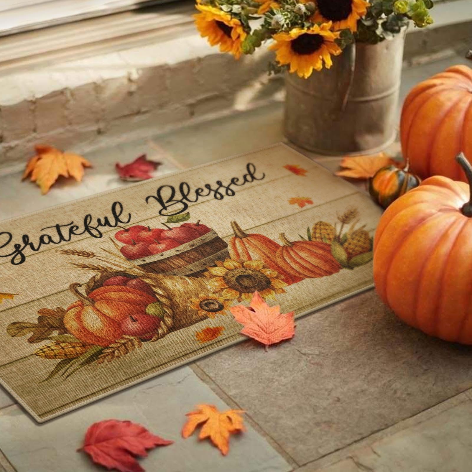 Arttown Sunflower Thanksgiving Flower Door Mat, Wood Brown Wooden Welcome Mat Doormat Outdoor Indoor Entrance Rug Floor Mat Non