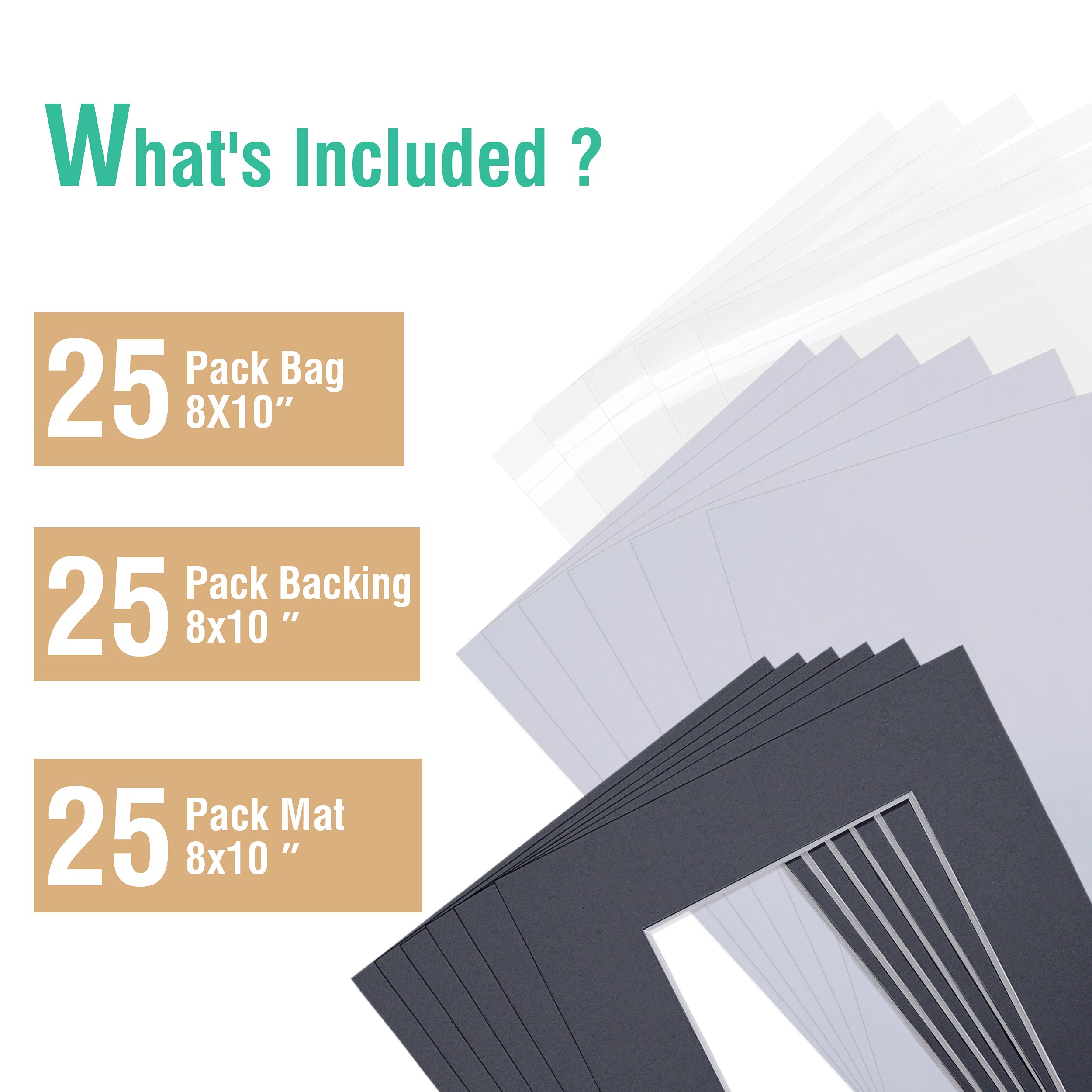 Acid Free 8X10 Pre-Cut Picture Mat Board Kit For 5X7 Photo, Includes 25 Black Core Bevel Cut Mattes, 25 Backing Boards, 25 Cryst