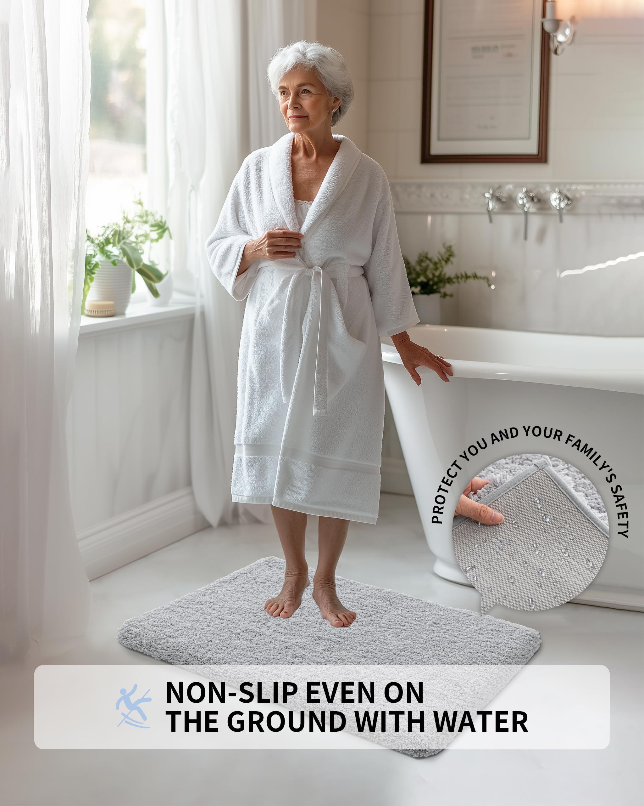 Ilango Grey Bathroom Rug Mats Super Absorbent, Washable Bath Mat Non Slip For Floor, Thick Plush Shaggy Bath Rug With Rubber Bot