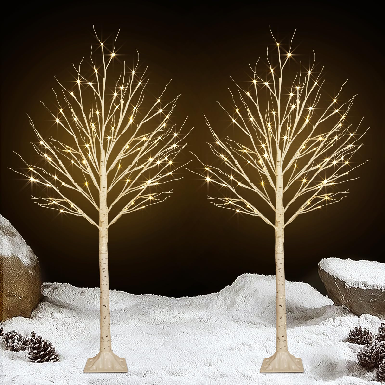2 Pack 5FT 200LED Christmas Lighted Birch Tree, Timer Function Prelit Artificial Tree Lamp Plug in with Warm White Lights, 2 Mod