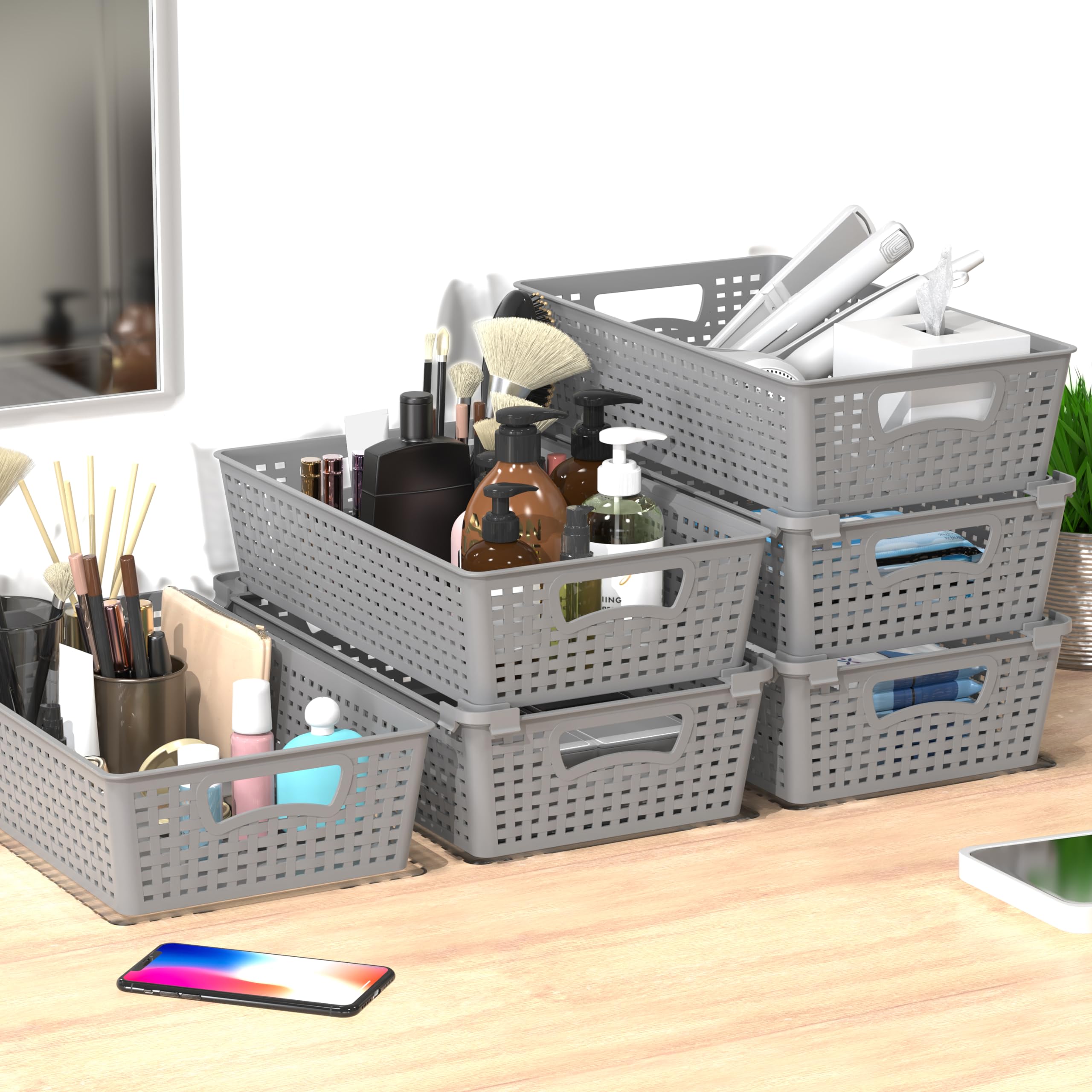 Simple Houseware Stackable Plastic Woven Basket Organizer, 6 Pack, 14.5'' X 8.5'' X 3.5'', Gray