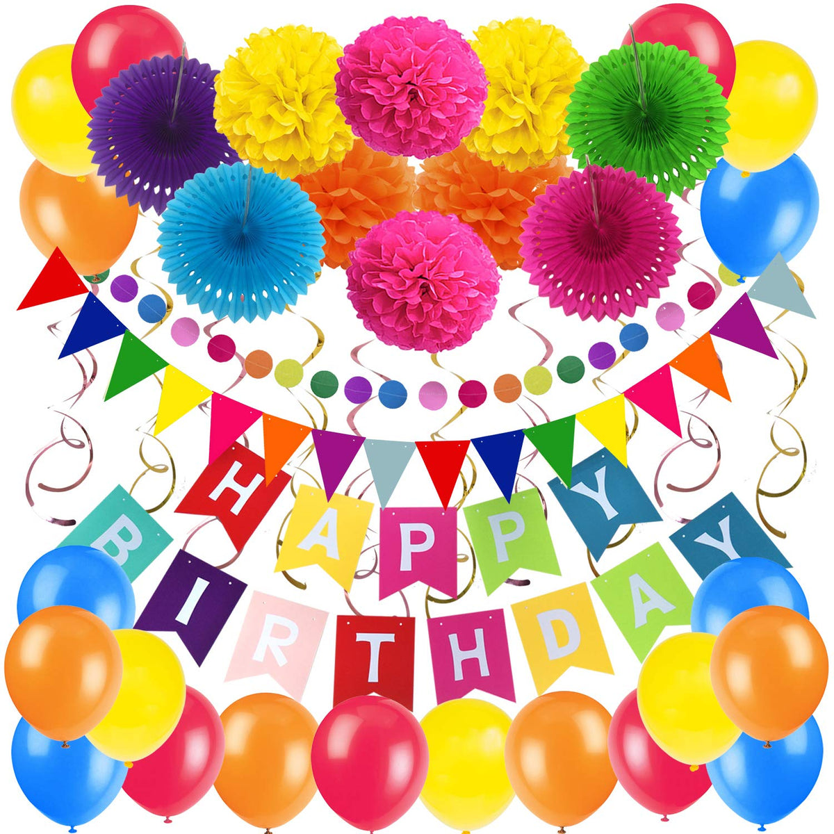 Zerodeco Birthday Decoration Set, Happy Birthday Banner Bunting With 4 Paper Fans Tissue 6 Paper Pom Poms Flower 10 Hanging Swir
