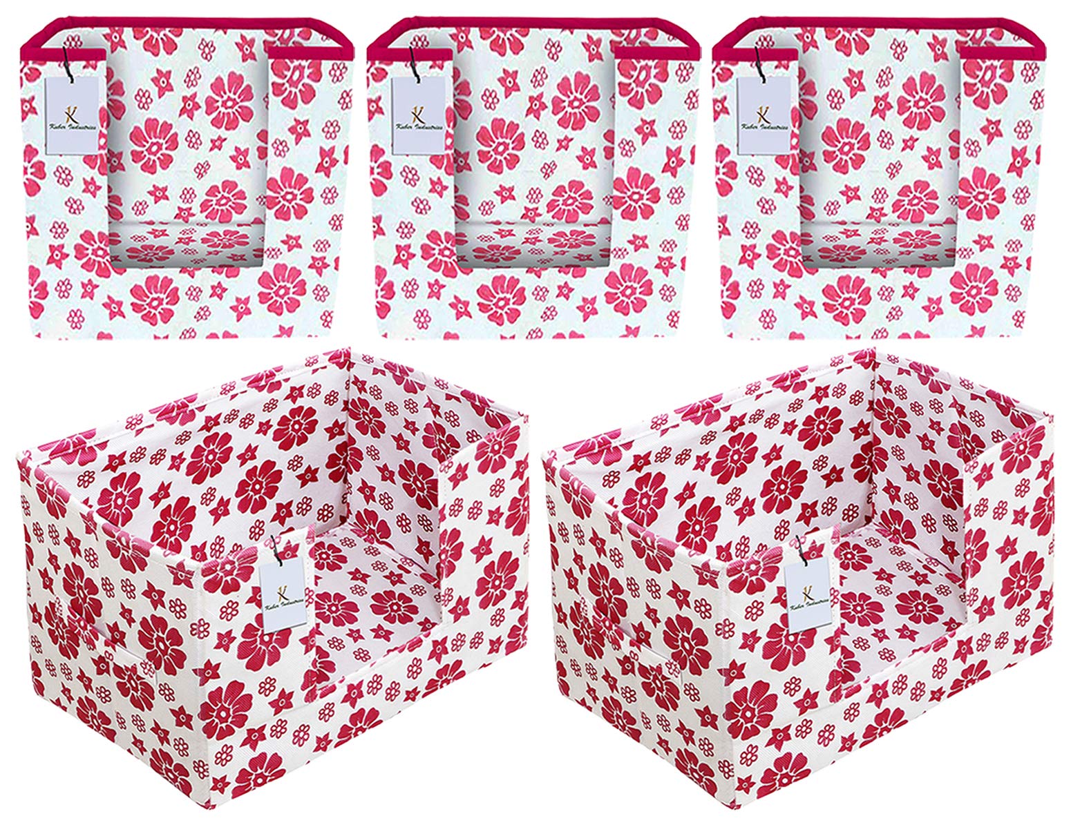 Kuber Industries Flower Printed Non Woven 3 Piece Shirt Stacker And 2 Piece Foldable Rectangle Cloth Saree Stacker Cloth Wardrob