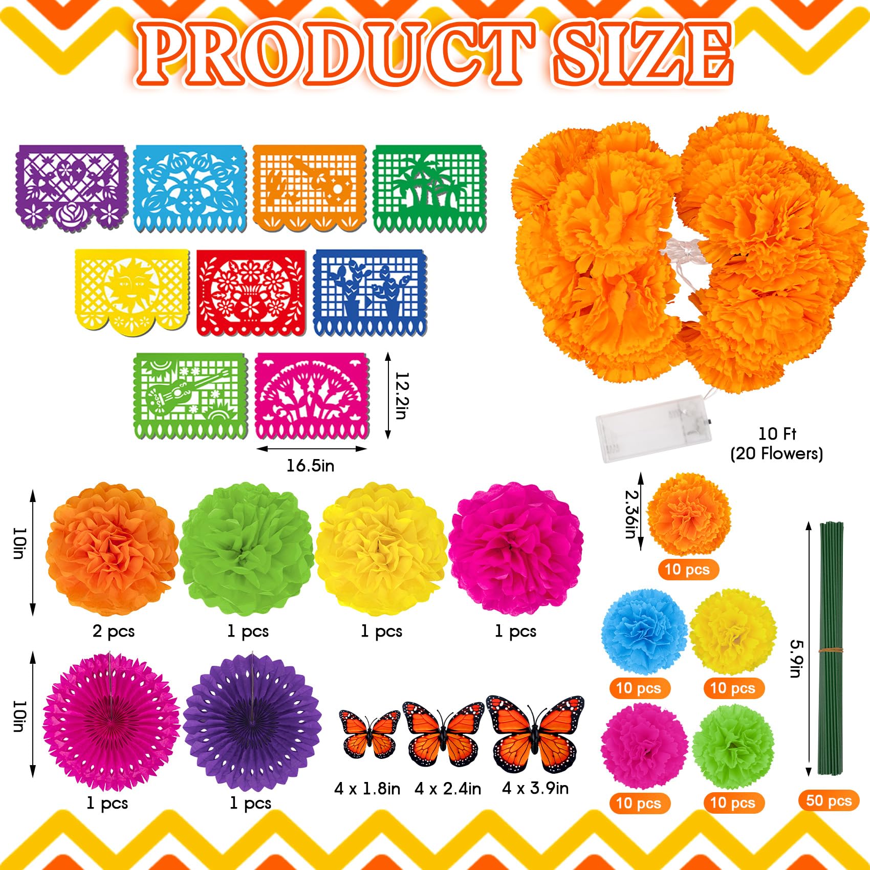 79 Pcs Day of The Dead Decorations Set, 10 Ft 20 LED Marigold Garland, 9 Mexican Banner, 50 Marigold Flowers with Stem, 7 Paper