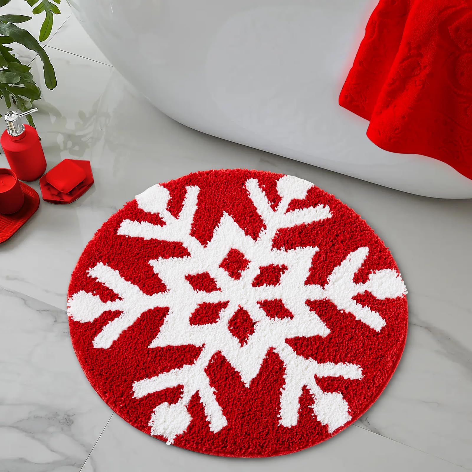 Estmy Red Snowflake Joy Christmas Round Bathroom Rugs 2Ft Winter Themed Xmas Festive Decorations, Absorbent Shaggy Modern Cute H