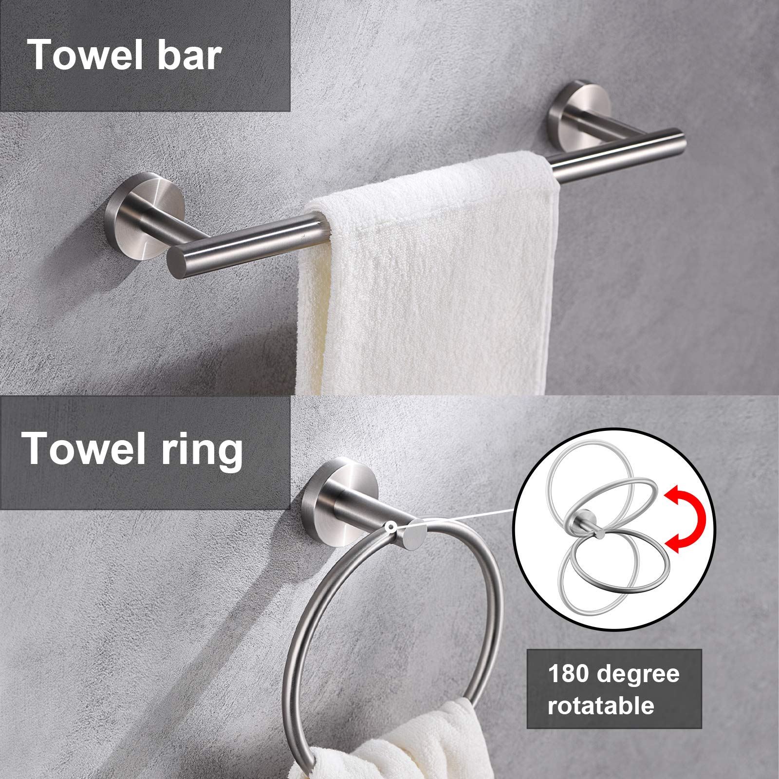 5 Pieces Brushed Nickel Bathroom Hardware Set Include 16Inch Towel Bar,2Pcstowel Hooks,Toilet Paper Holder,Hand Towel Ring Round