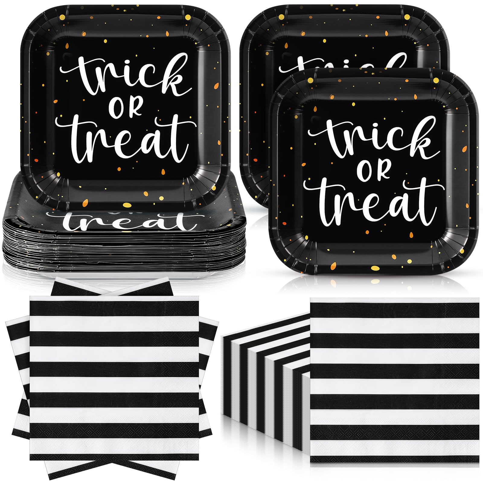 Zhehao 72 Pcs Halloween Paper Plates and Napkins Set Serve 36, 7 Square Trick or Treat Plates and Black and White Striped Napkin