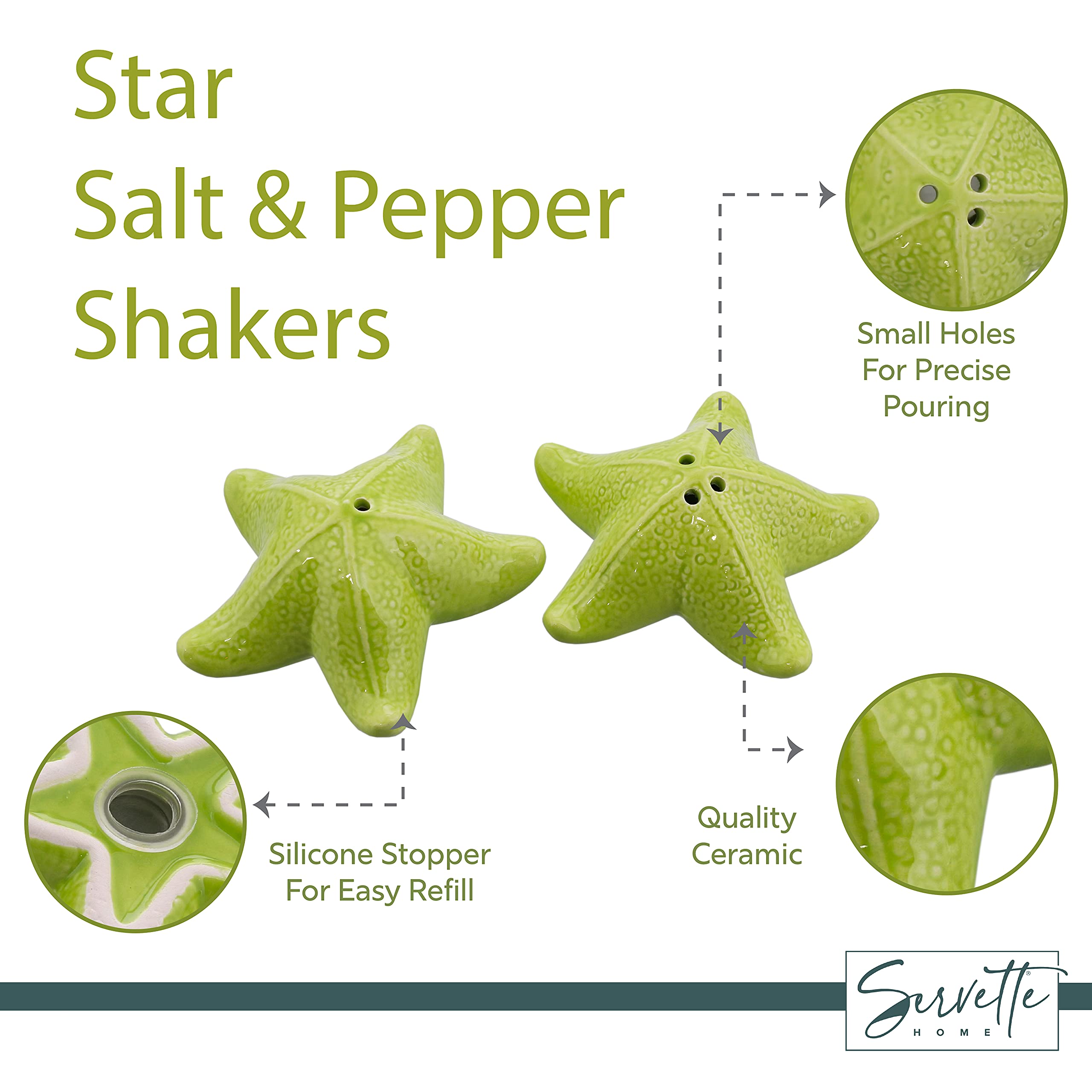 Ceramic Salt & Pepper Shakers Novelty Kitchen D  Cor - Green Starfish