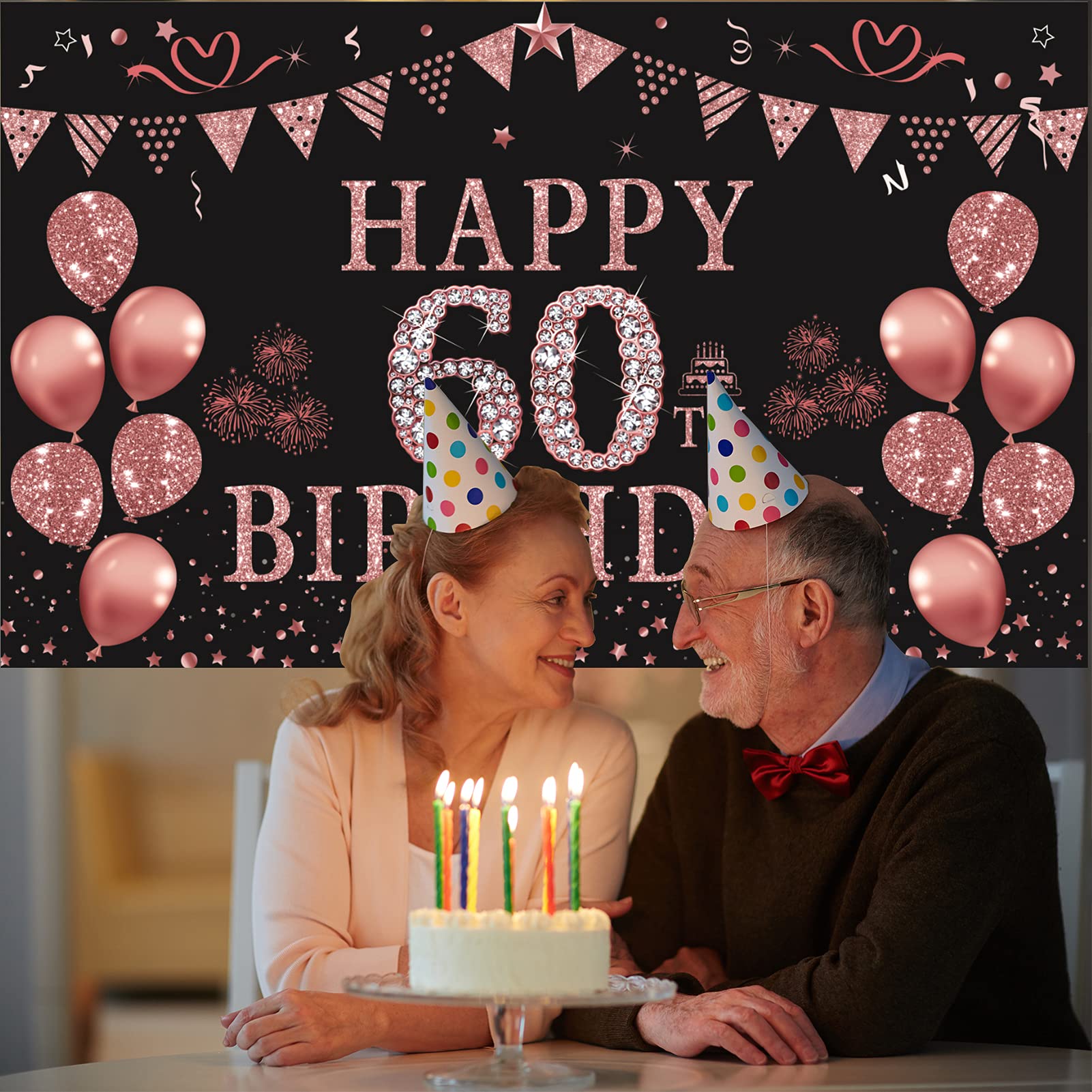 Trgowaul 60Th Birthday Decorations For Women Rose Gold Birthday Backdrop Banner 5.9 X 3.6 Fts Happy Birthday Party Suppiles Phot