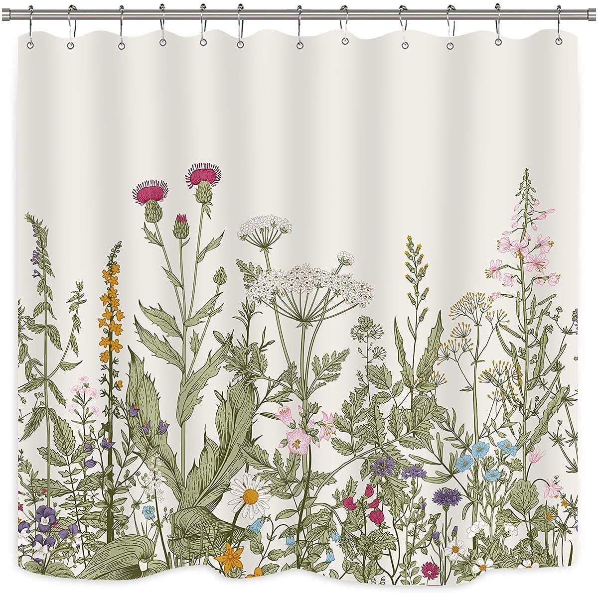 Riyidecor Wildflower Shower Curtain 72"x72" Floral Green Waterproof with Hooks, Bathroom Decor Accessories, Model RYD-CZH-PORQ