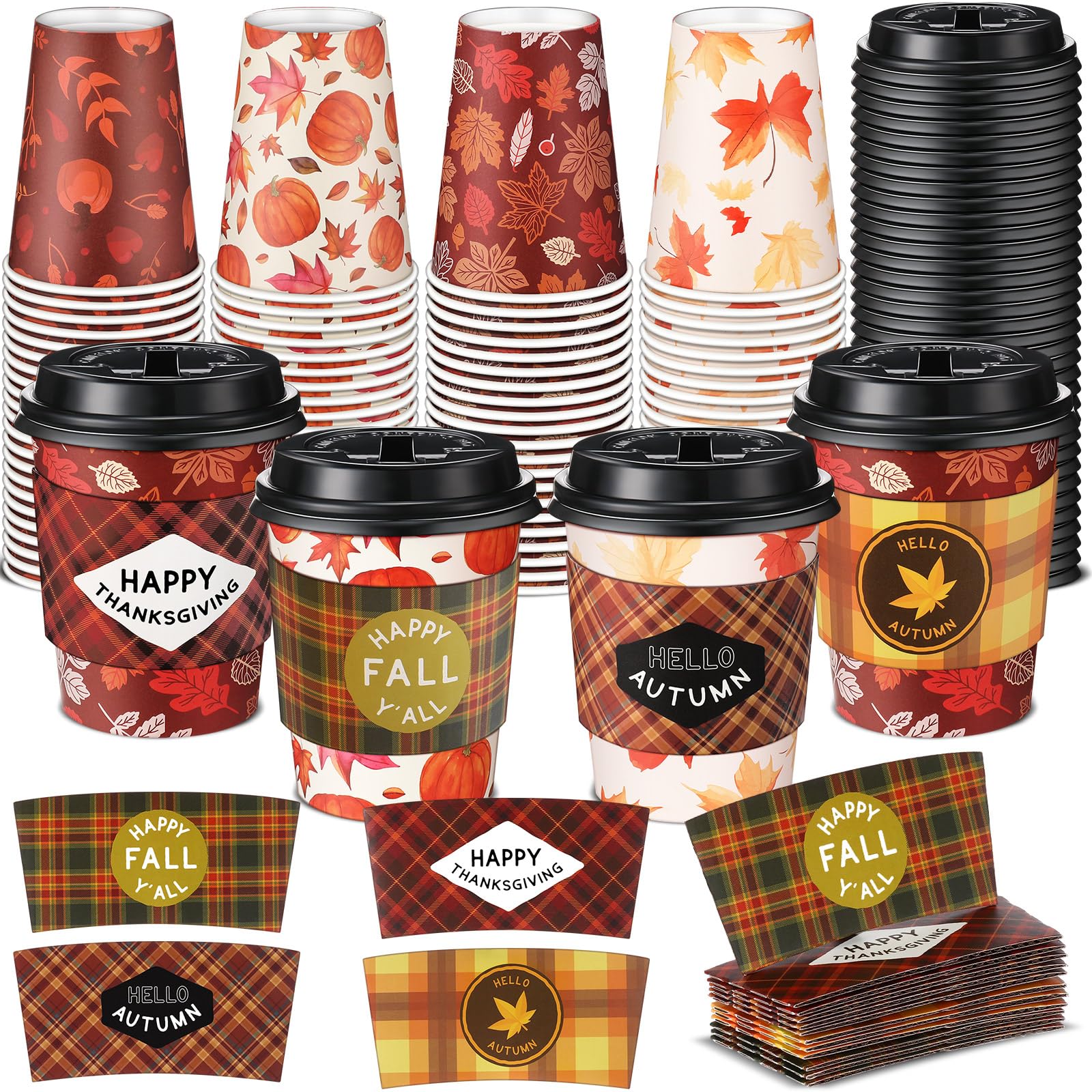 Lallisa 100 Pack 12 oz Fall Disposable Coffee Cups Bulk Thanksgiving Paper Coffee Cups with Lids and Sleeves for Autumn Thanksgi