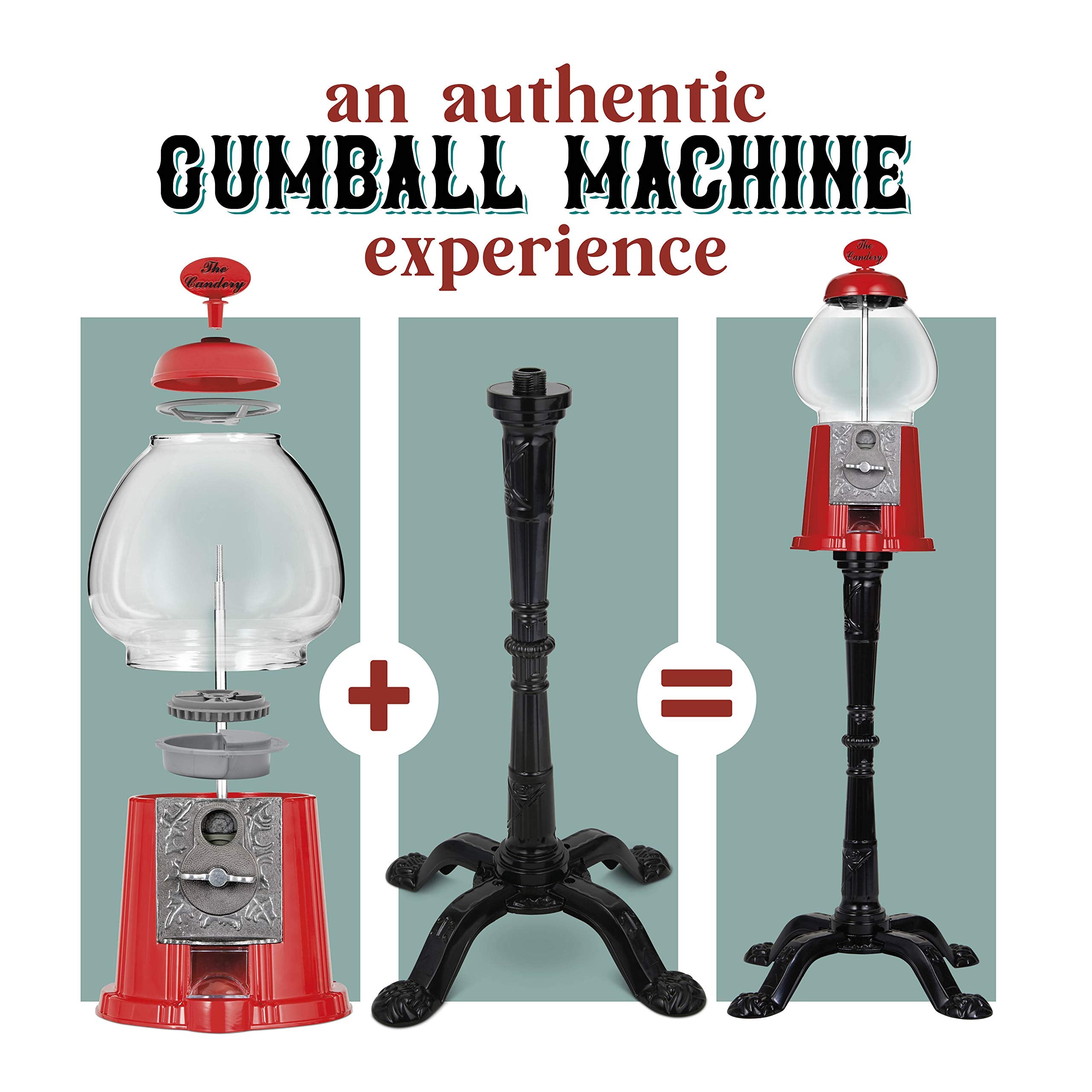 Gumball Bubble Machine - 15 Inch Candy Dispenser With Stand For 0.62 Inch - Heavy Duty Red Metal With Large Glass Bowl - Easy Tw