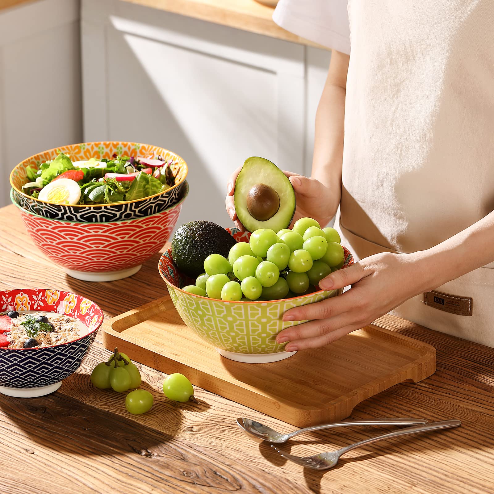 Metahom Salad Soup Bowls, Large Serving Bowls For Pho, Pasta Rarmen, 48 Oz Stackable Ceramic Bowls For Kitchen, Set Of 3, Microw