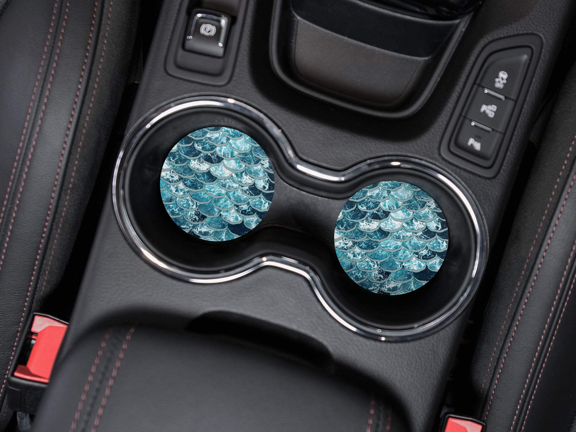 Caribou Coasters , Mermaid Scales Blue Wave Design Absorbent Round Fabric Felt Neoprene Car Coasters For Drinks, 2Pcs Set