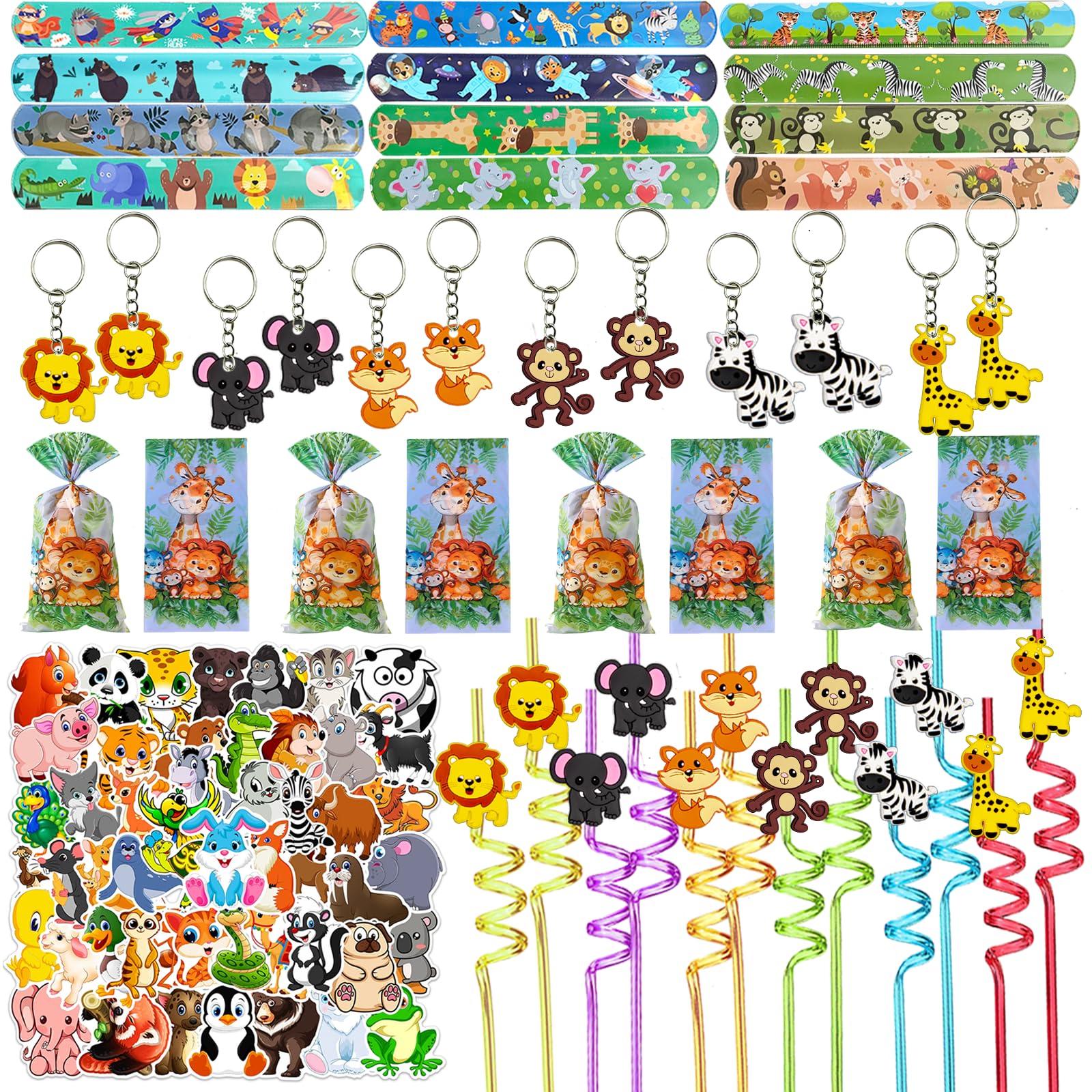 110PCS Safari Party Favors Jungle Party Favors Goodie Bags Stuffers for Camping Party Include Slap Bracelet,DIY Safari Stickers 