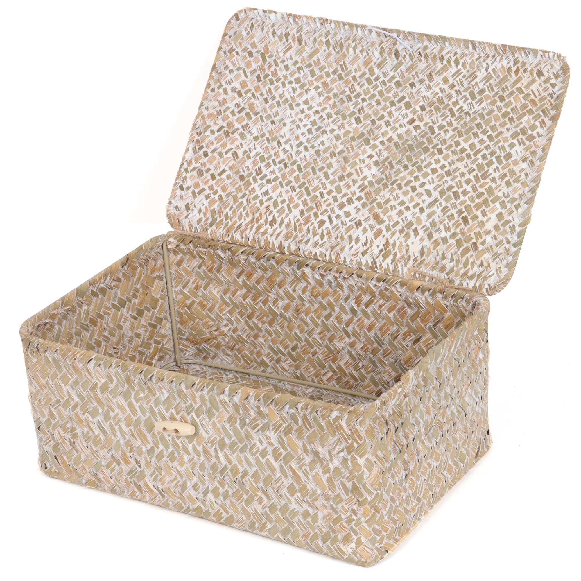 Feialnduo Wicker Shelf Baskets With Lid,Seagrass Storage Basket Bins Rectangular Handwoven Basket Boxes For Shelves Desktop Home