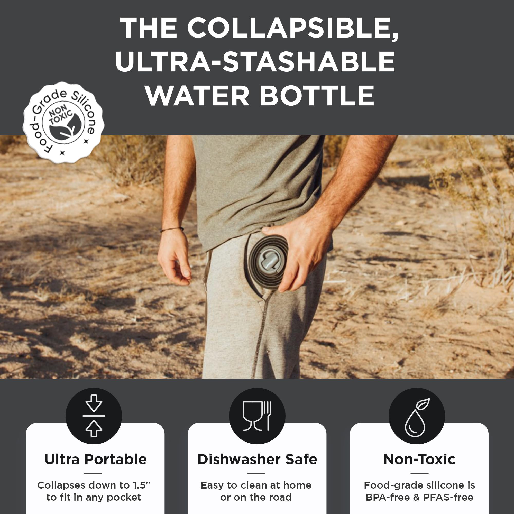 HYDAWAY Collapsible Water Bottle - 17oz  Midnight I Reusable Water Bottle with Flip Top Lid for Travel  Hiking  Backpacking I Portable & Leakproof  Food-Grade Silicone  BPA Free  Collapse to 1.5