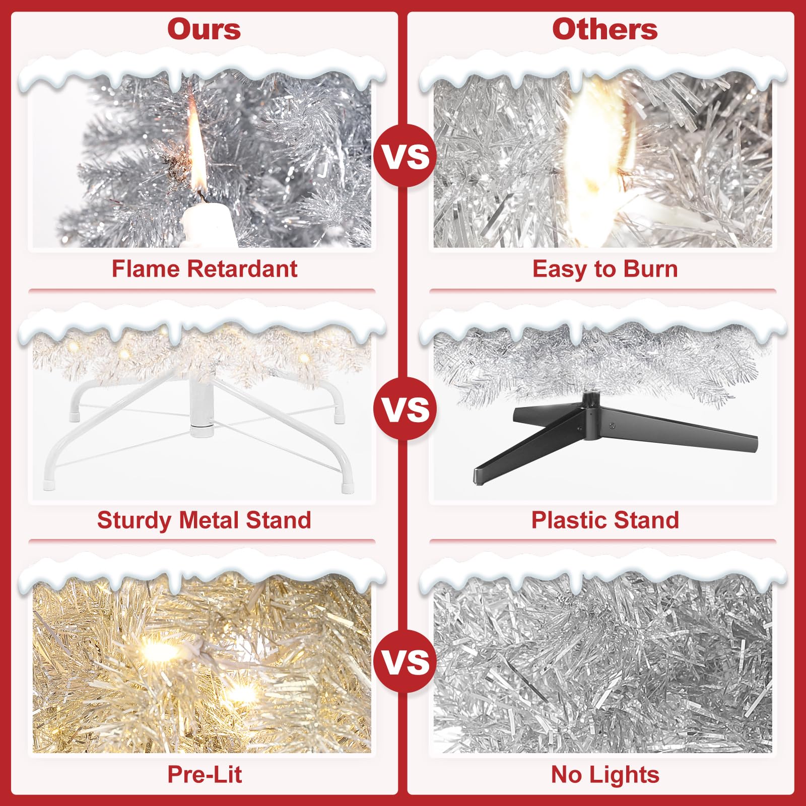 Decoway Pre-lit Pencil Christmas Tree 7.5ft Artificial Silver Tinsel Xmas Tree with Metal Stand