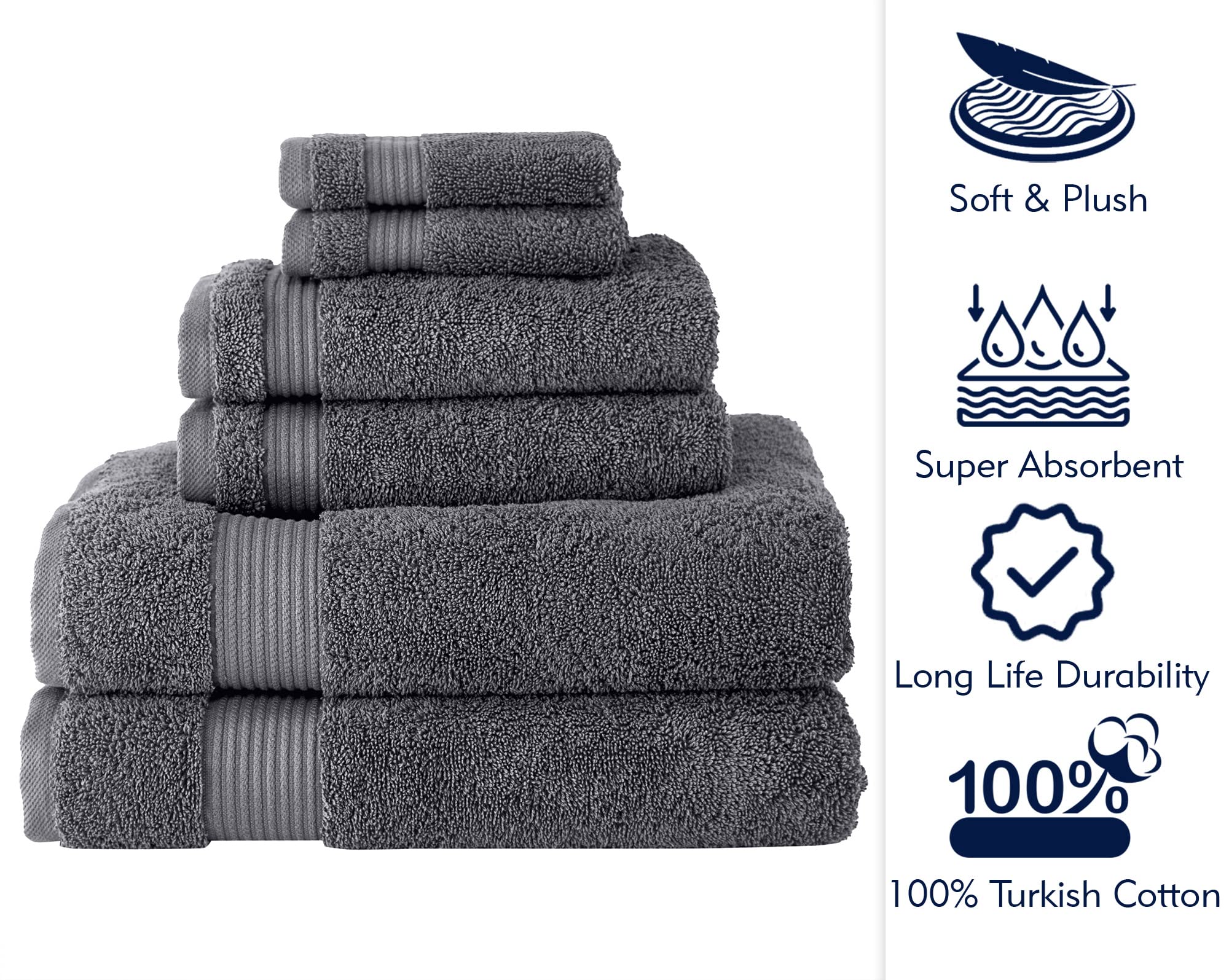 Classic Turkish Towels Ctt Set Of 6 - Made With 100% Turkish Cotton, Absorbent & Comfy, Includes 2 Bath Towels 2 Hand Towels & 2