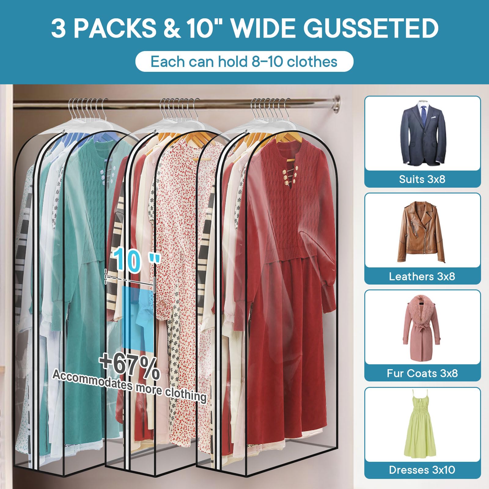 Moucas 10'' Gusseted All Clear Garment Bag, 50'' Suit Bags For Closet Storage, Garment Bags For Hanging Clothes, Garment Covers