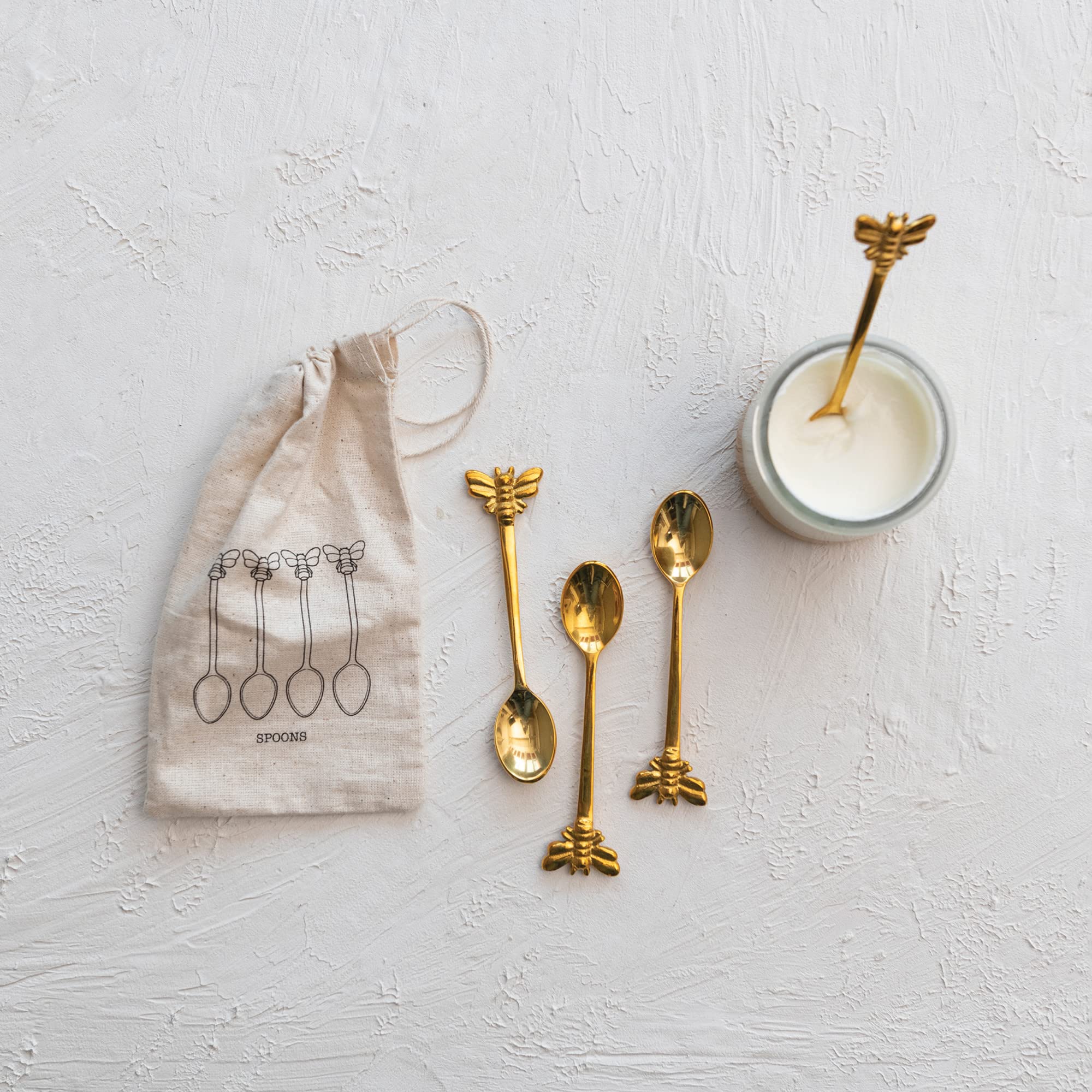 Creative Co-Op Farmhouse Brass Bee Handles In Drawstring Bag, Finish Spoon