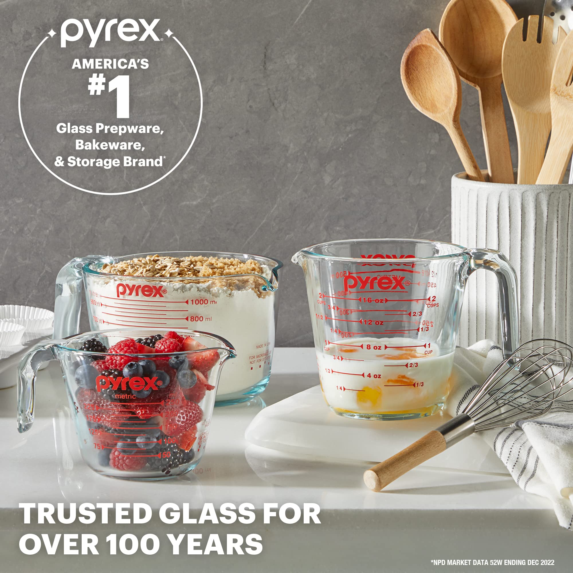 Pyrex 4-Cup Glass Measuring Cup For Baking And Cooking, Dishwasher, Freezer, Microwave, And Preheated Oven Safe, Essential Kitch