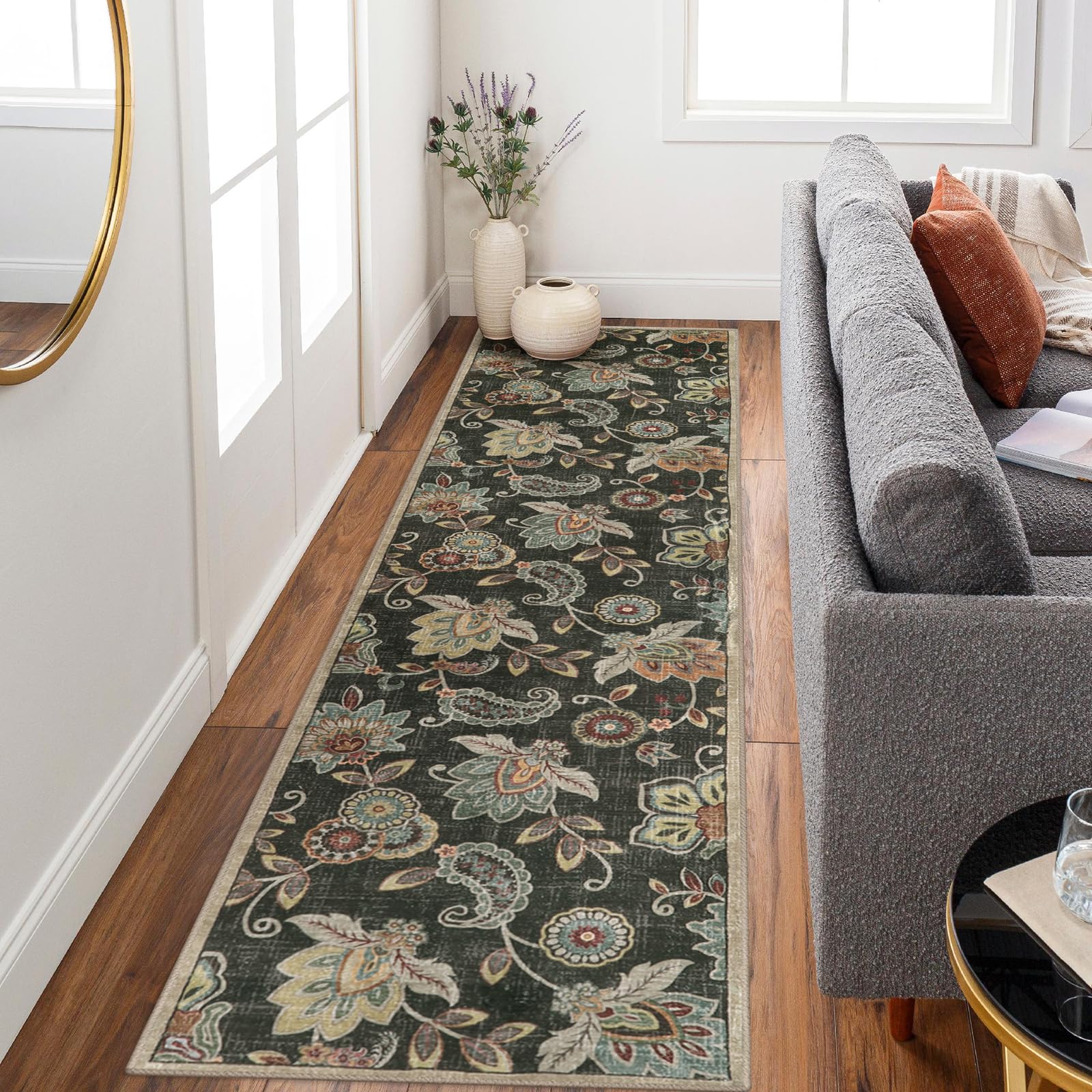 Morebes Floral Washable Hallway Rug 2x8, Brown Rugs for Entryway Non Slip,Long Bath Mat Distressed Paisley Kitchen Runner Rug In