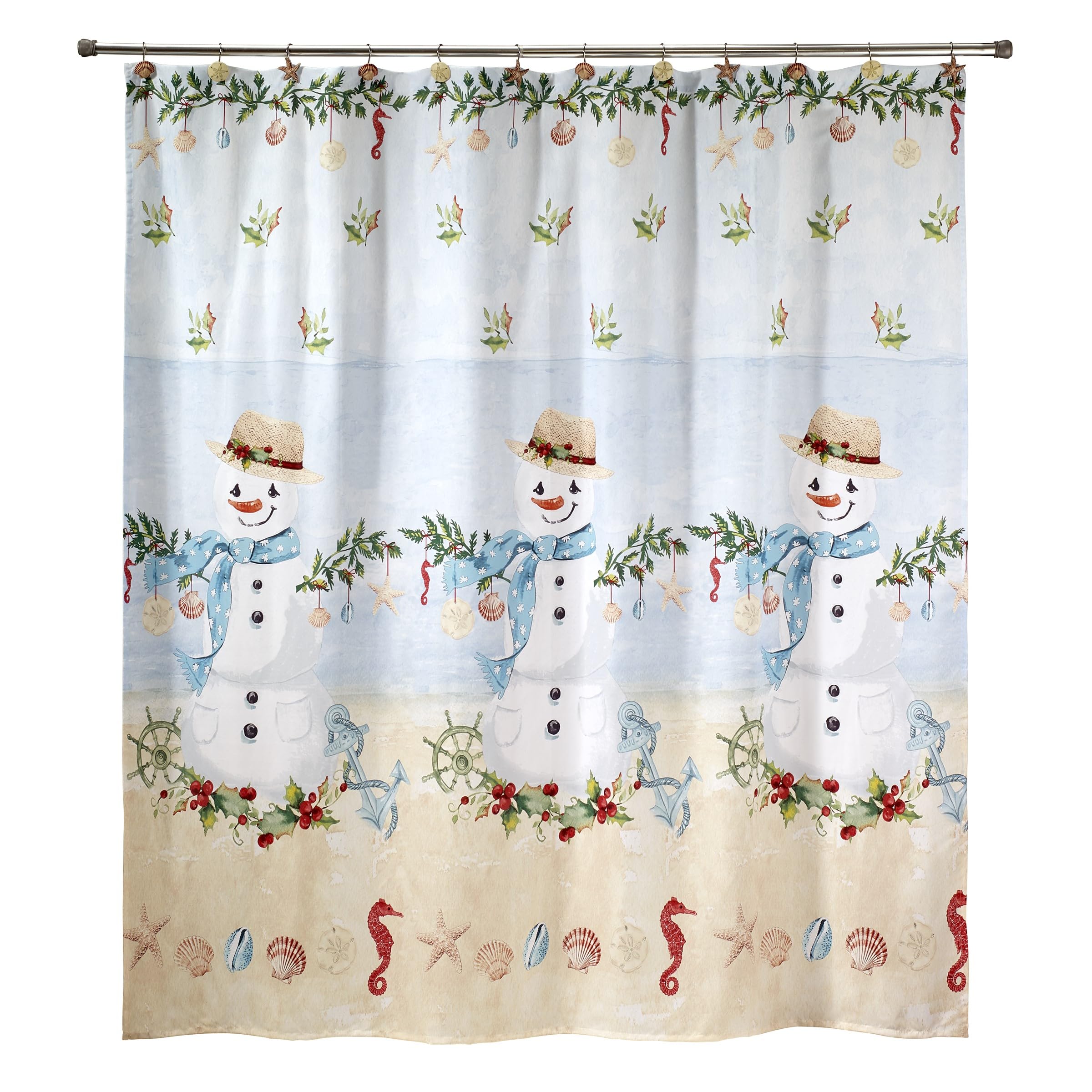 Avanti Linens - Shower Set, Fabric Shower Curtain & 12Pc Hooks, Christmas Decorations (Coastal Snowman Collection)