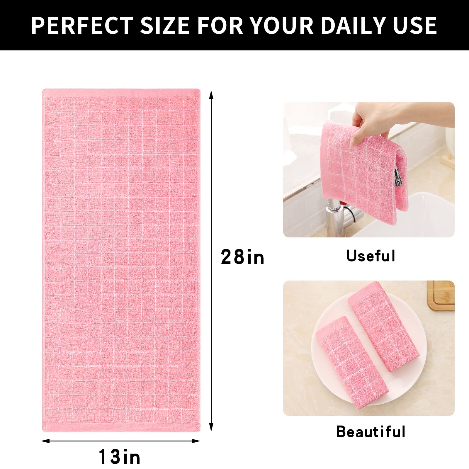 Homaxy 100% Cotton Terry Kitchen Towels(Pink, 13 X 28 Inches), Checkered Designed, Soft And Super Absorbent Dish Towels, 4 Pack