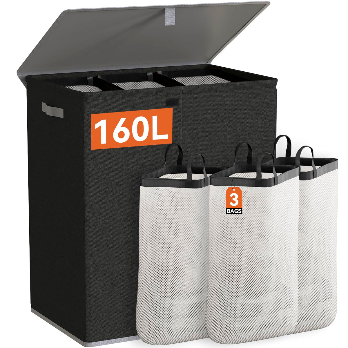 Wowlive Laundry Hamper With Lid,160L Large Laundry Basket 3 Section With Removable Washing Bags,Collapsible Waterproof Dirty Clo