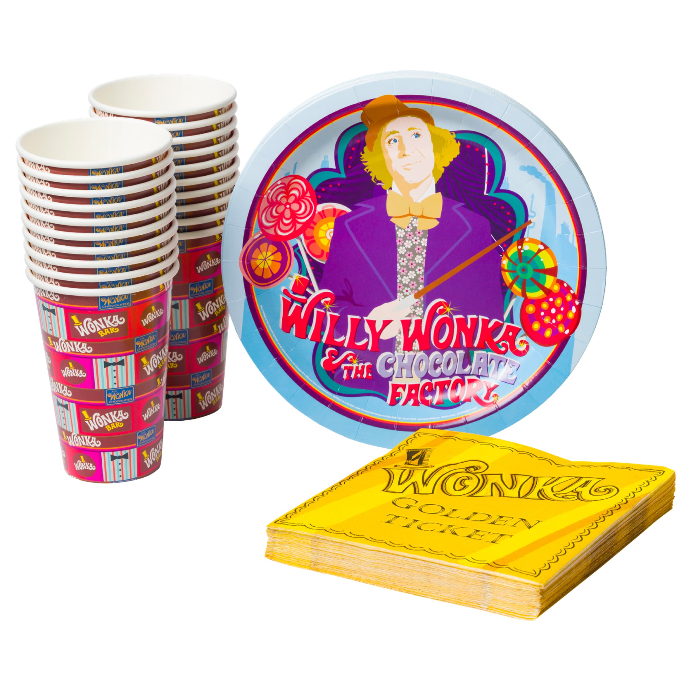 Silver Buffalo Golden Ticket Willy Wonka And The Chocolate Factory Themed Party Pack Set, 60 Piece