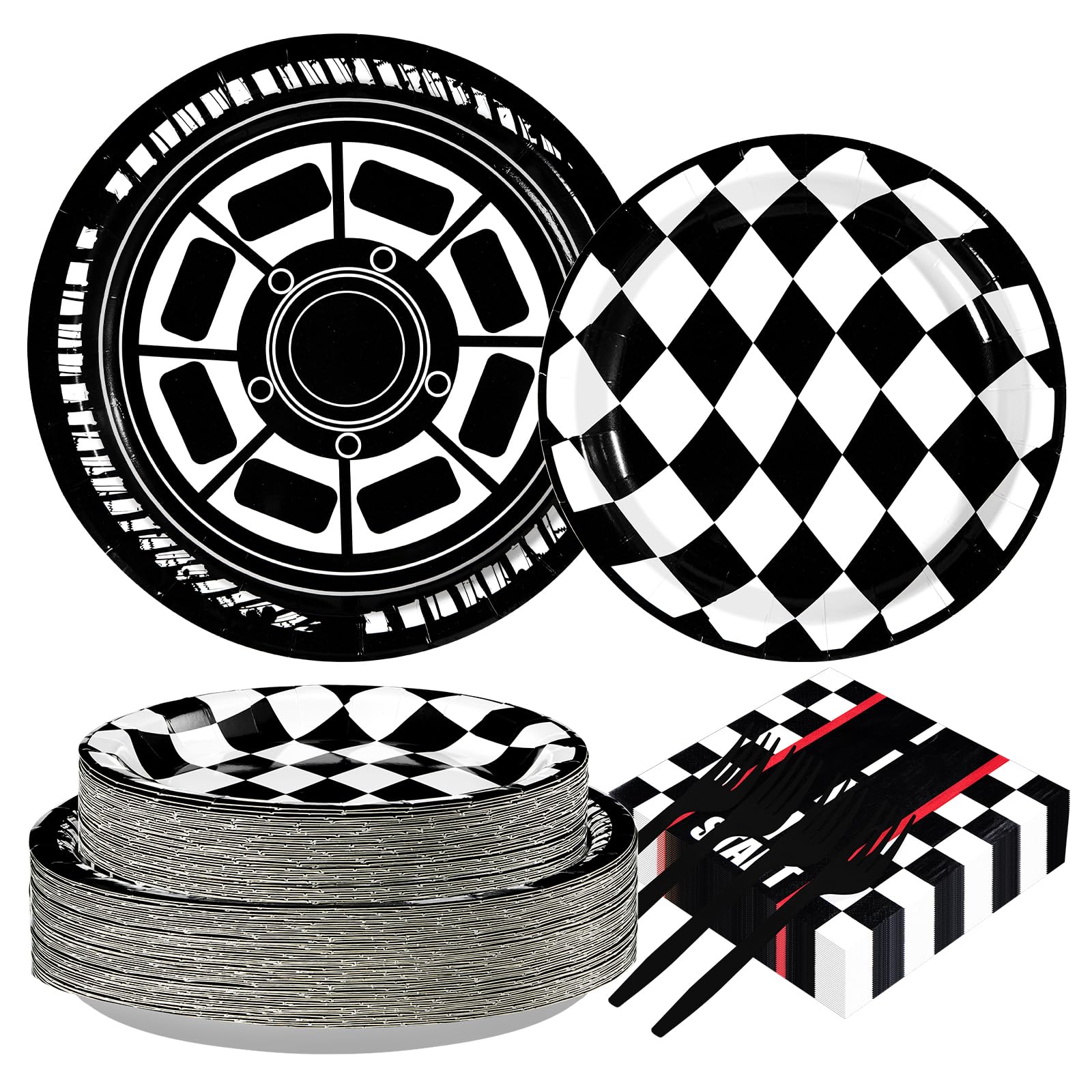 Grencian 200Pcs Race Car Birthday Party Decorations Race Car Plates and Napkins Disposable Black White Checkered Paper Tableware