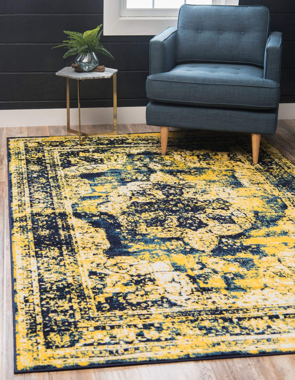 Unique Loom Sofia Collection Area Rug - Salle Garnier (2 2 x 3 1 Rectangle, Navy Blue/ Yellow)