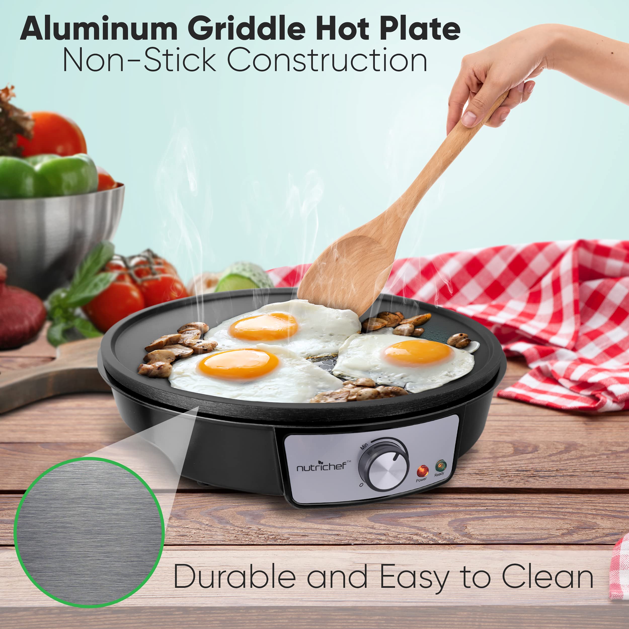 Nutrichef Electric Griddle & Crepe Maker | Nonstick 12 Inch Hot Plate Cooktop | Adjustable Temperature Control | Batter Spreader