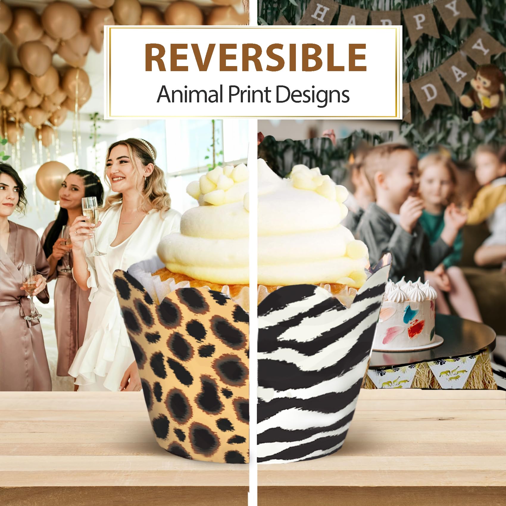 Cupcake Wrappers - Wedding, Bridal & Baby Shower, Birthday Party Supplies, Reversible Neutral Gender Dessert Wraps - Wild 1, Jun