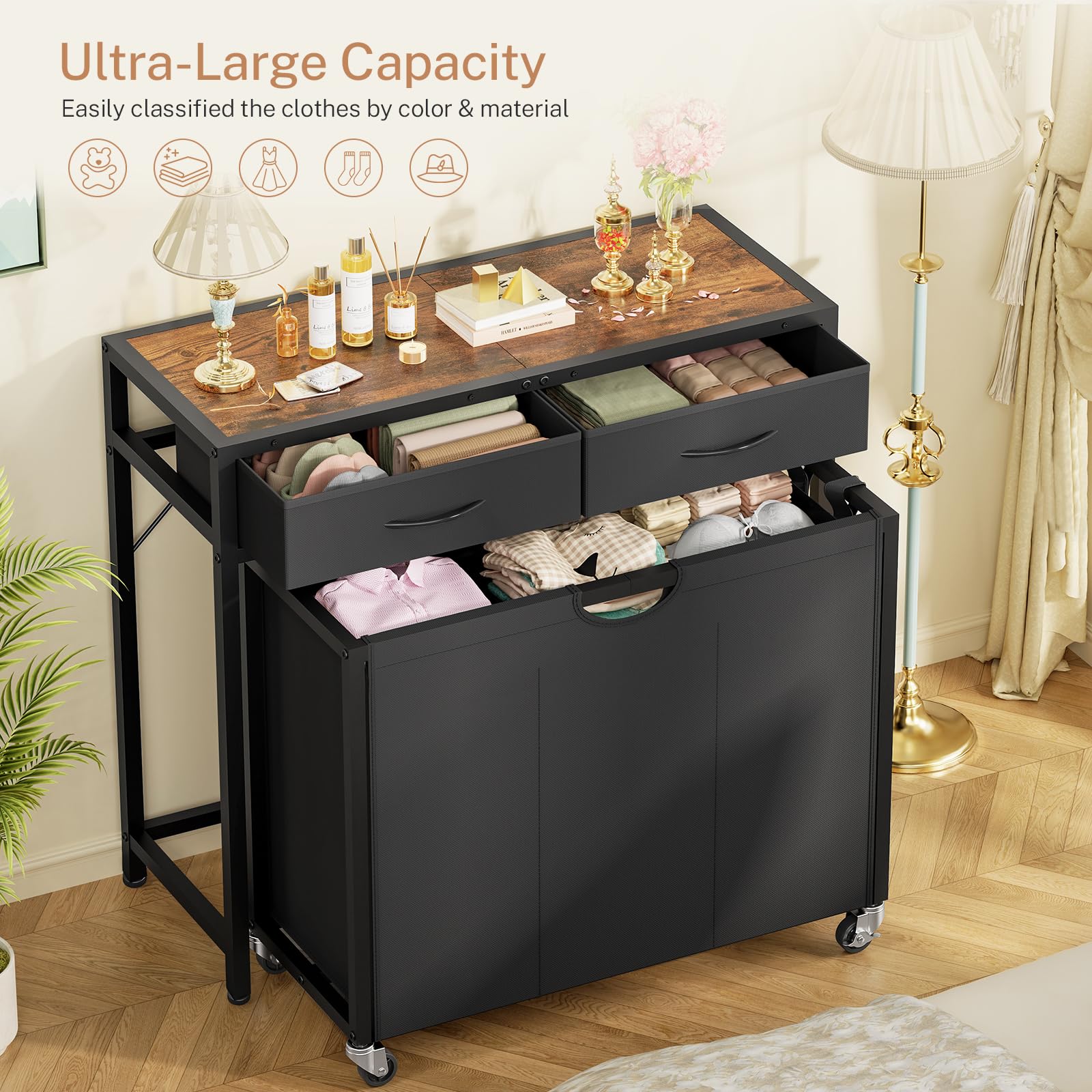 Laundry Sorter, Rolling Laundry Hamper With 3 Section Pull-Out Bags, Laundry Basket Organizer With 2 Drawers & 2-Tone Top Panel,