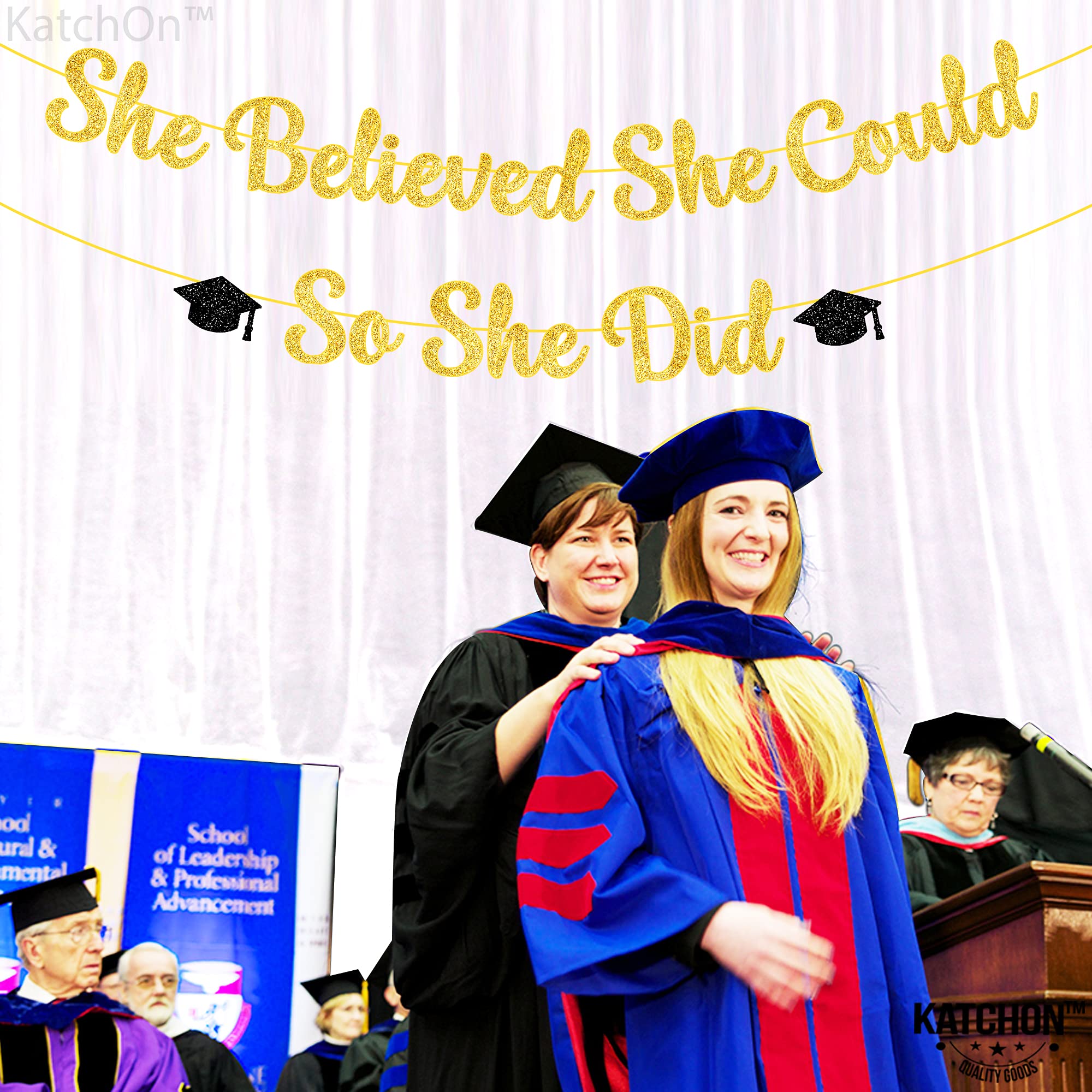 Katchon, She Believed She Could So She Did Banner - Glitter 10 Feet, No Diy | Gold And Black You Did It Banner, Graduation Decor