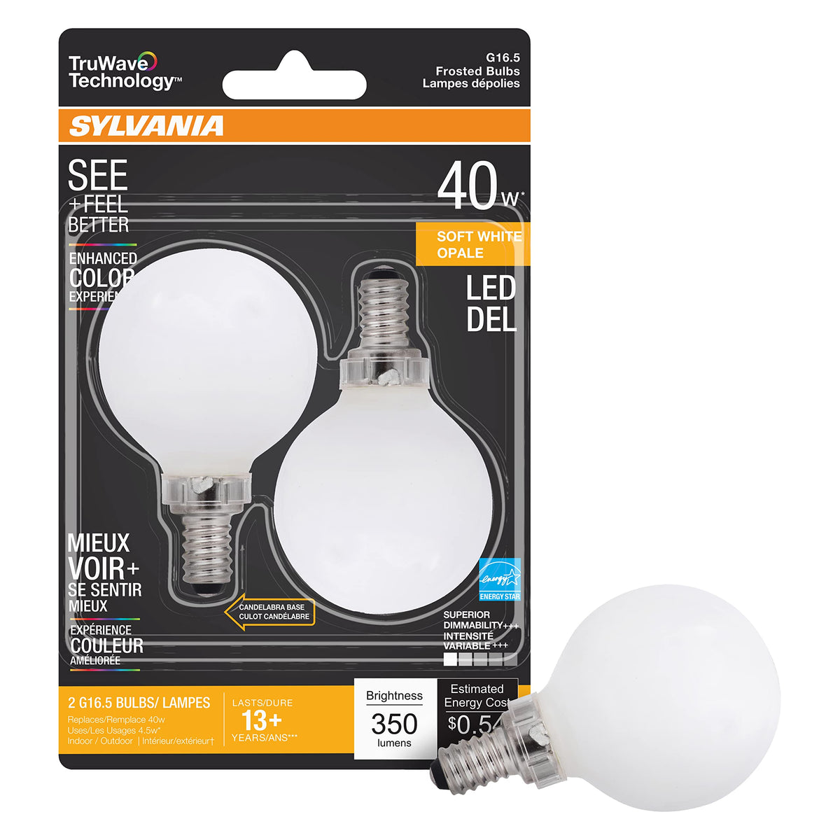 Sylvania Led Truwave Natural Series Dacor Globe G 165 Light Bulb, 40W Equivalent, 45 Efficient, Candelabra Base, Dimmable, 350 L