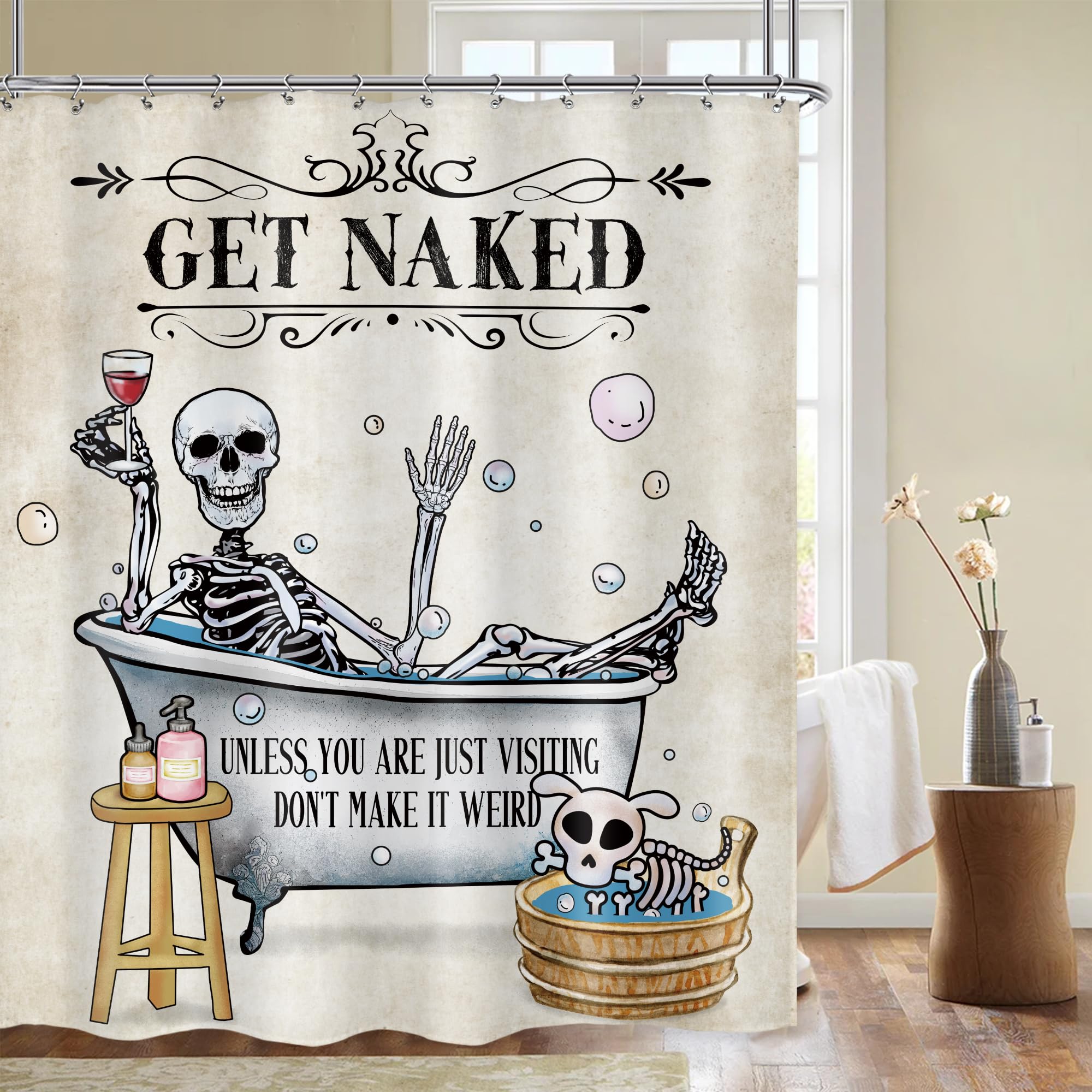 Lghtyro Funny Skull Skeleton Shower Curtain Bathroom Set 60Wx71H Inches Gothic Spooky Halloween Hilarious Bathing In Bathtub Bub