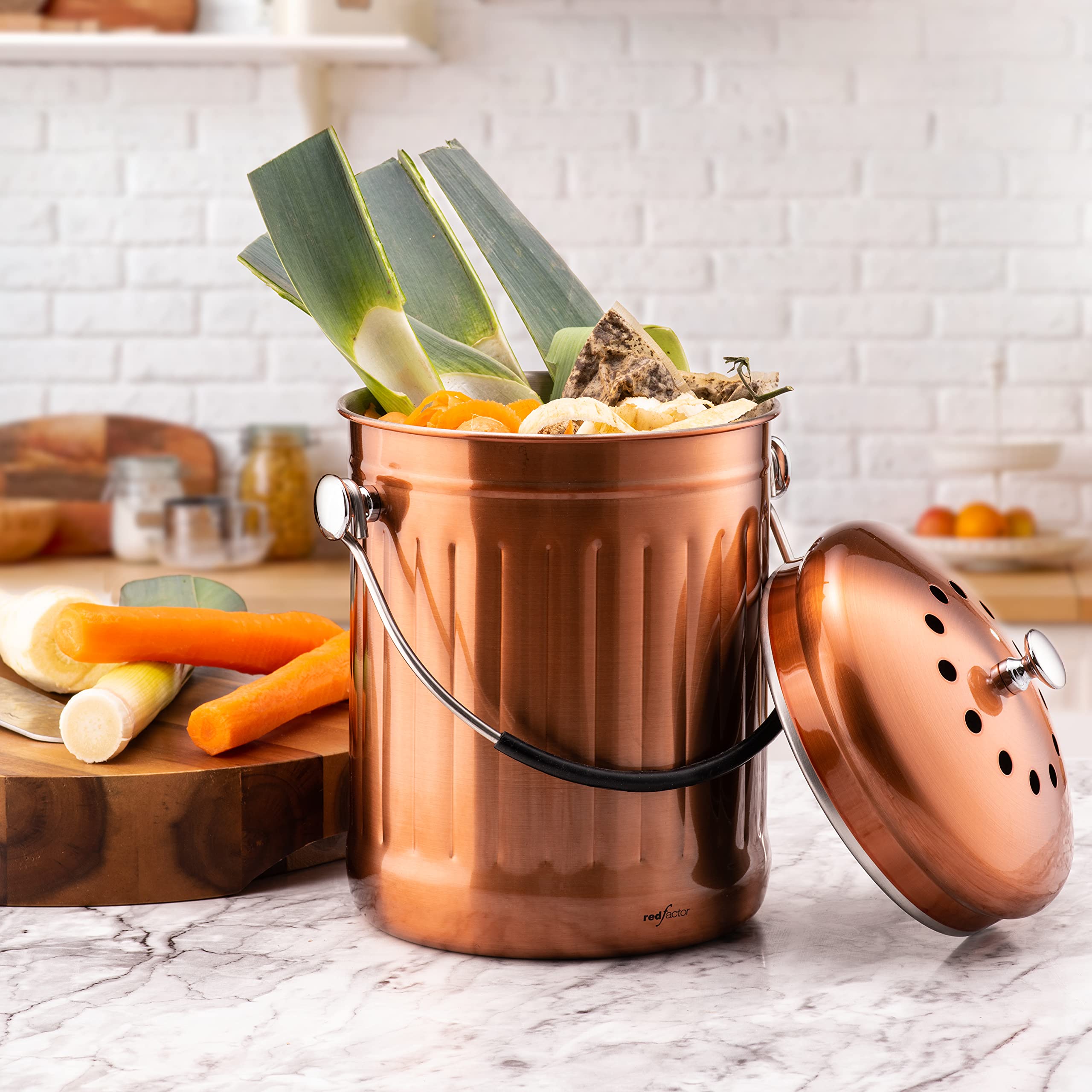 RED FACTOR Premium Compost Bin for Kitchen Countertop - Stainless Steel Food Waste Bucket with Innovative Dual Filter Technology - Includes Spare Filters (Matt Copper  1.3 Gallon)
