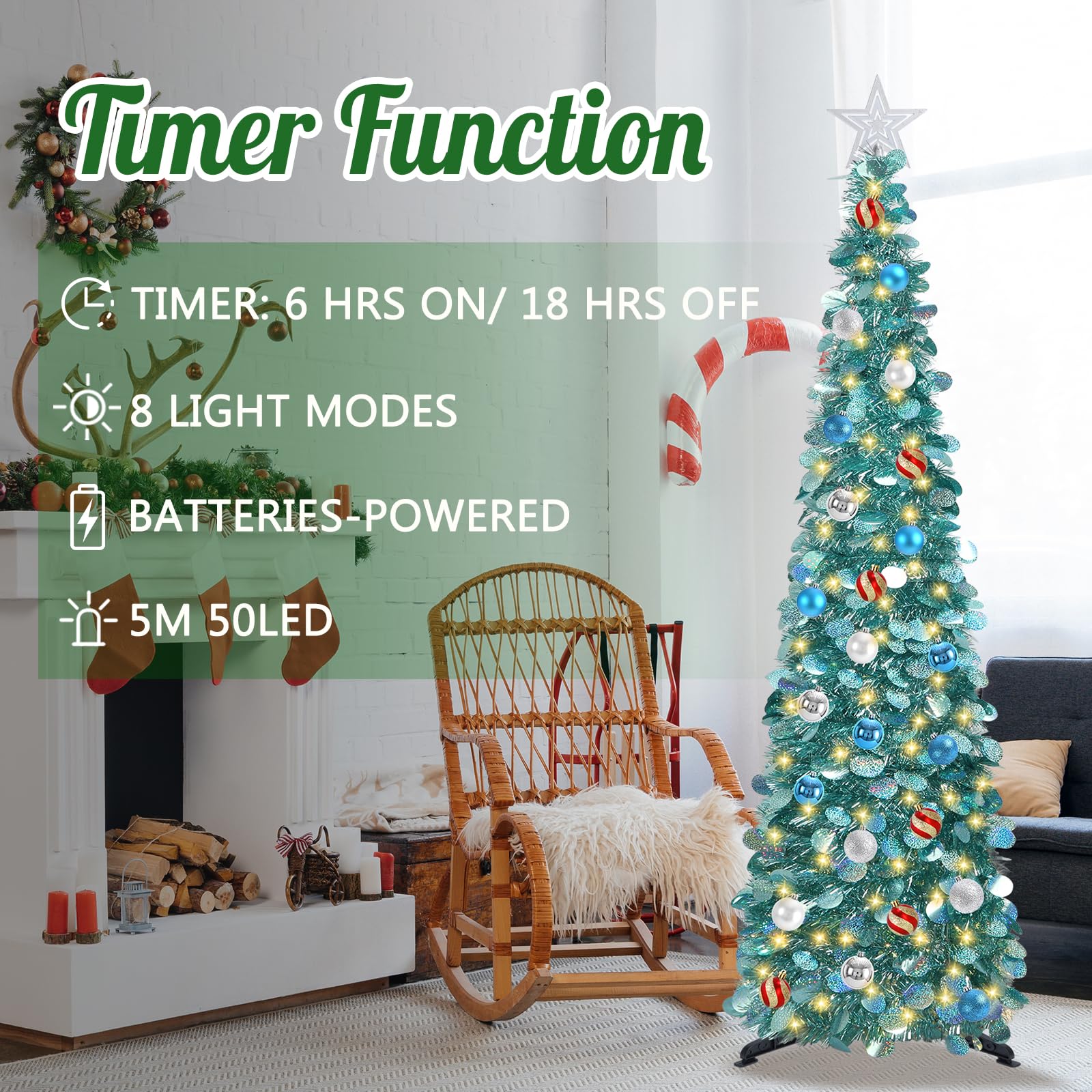 SINTENILL 5 FT Pop Up Christmas Tree with Timer Lights and Decorations, Ice Blue Artificial Tinsel Christmas Tree with 24 Ball O