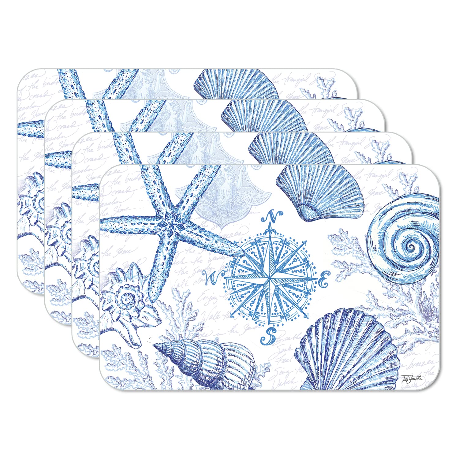 Counterart Coastal Sketch 4 Pack Reversible Easy Care Flexible Plastic Placemats Made In The Usa Bpa Free Pvc Free Easily Wipes