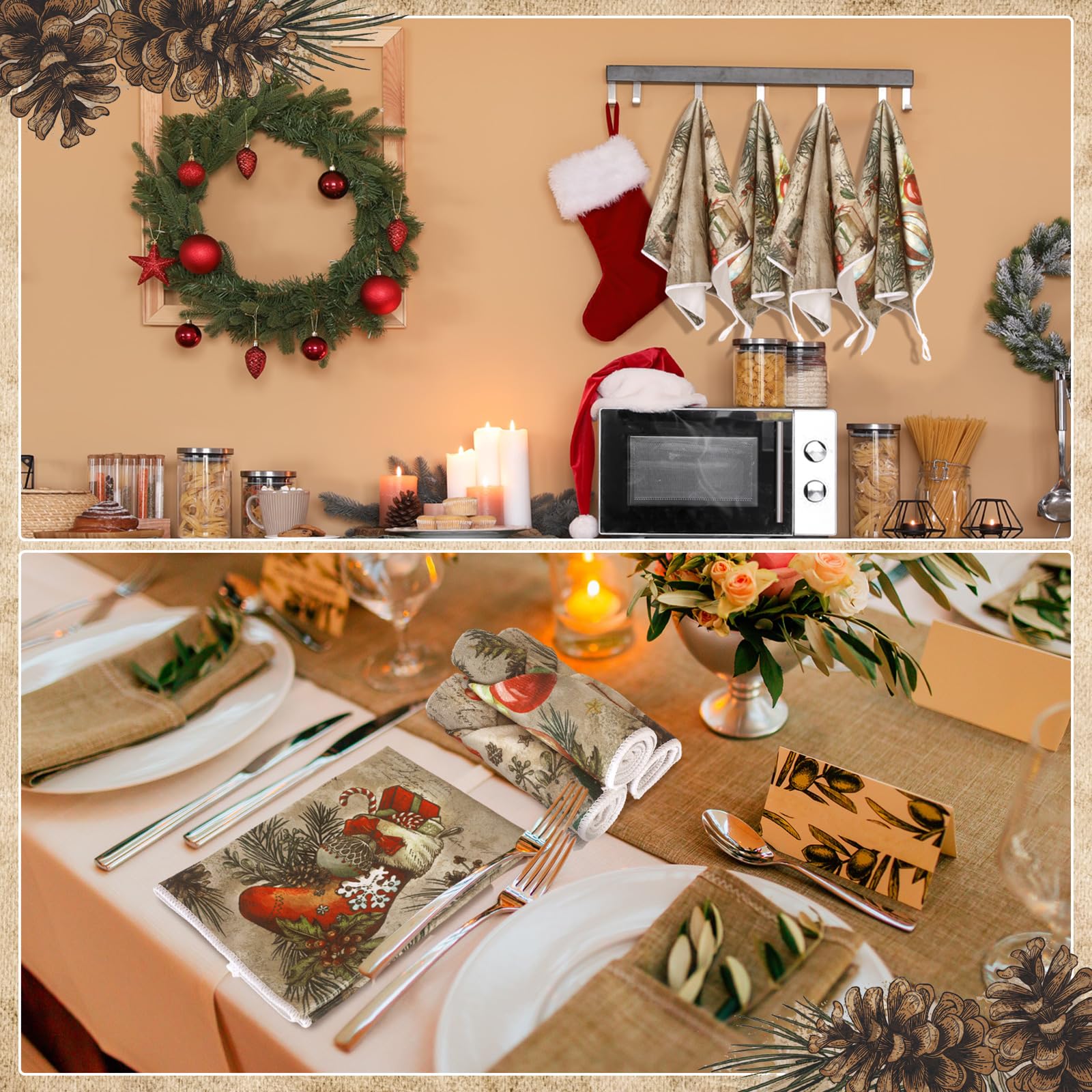 Hosuly 6 Pcs Christmas Kitchen Towels Vintage Santa Dish Cloth Christmas Farmhouse Tea Towels Santa Snowman Sock Ball Xmas Tree