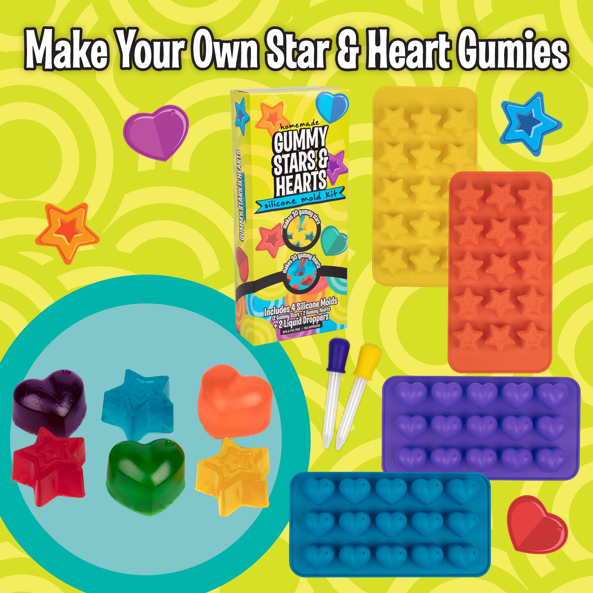 Star & Heart Silicone Gummy Candy Molds, 4 Pack Set - Xl Nonstick Siliconetrays With 2 Droppers For Chocolate, Ice Cubes, Bpa-Fr