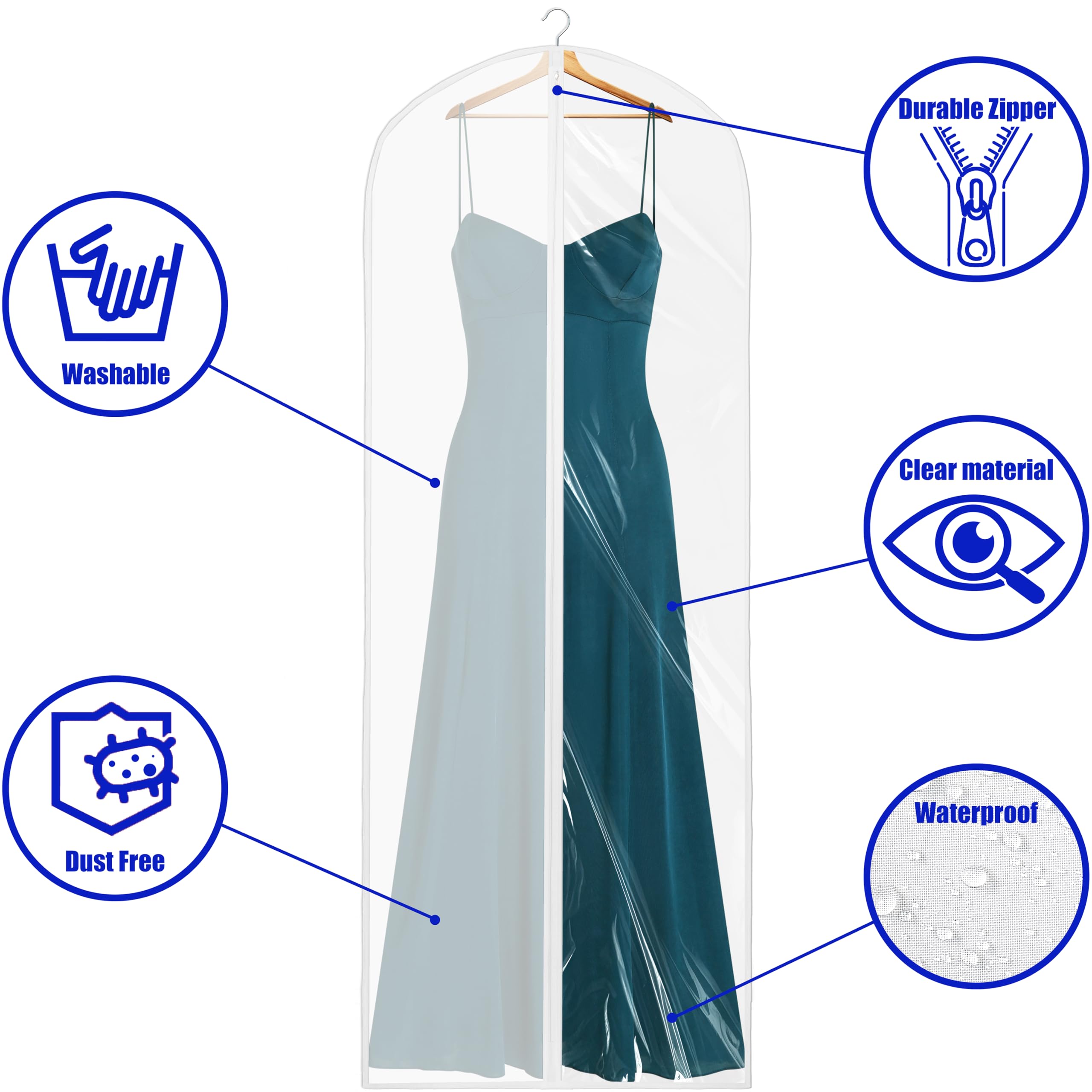 Simple Houseware 65-Inch Translucent Garment Bags With Zipper For Gowns, Suits, Dresses, Costumes, Uniforms, 2 Pack, Clear