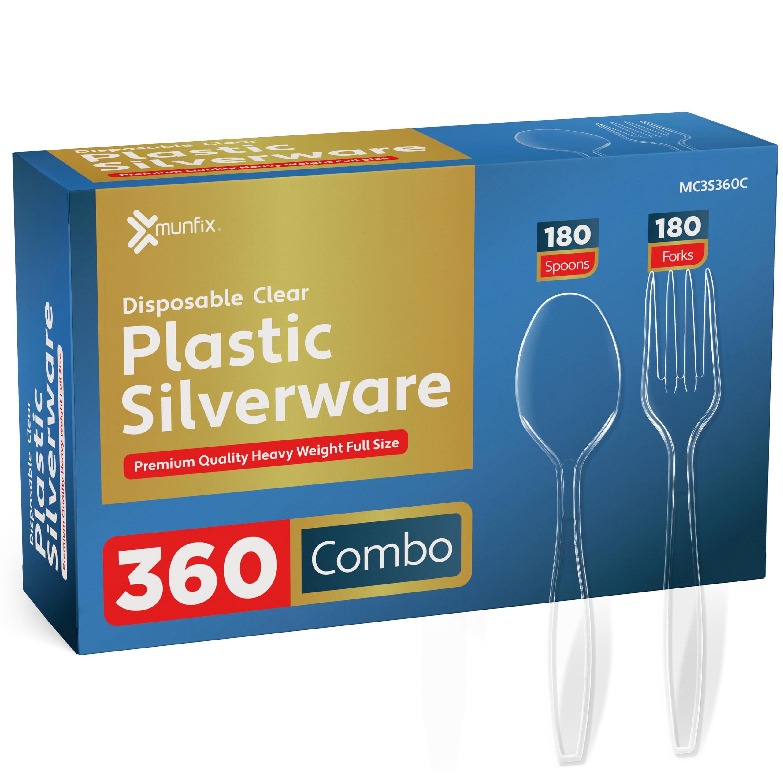 360 Count Plastic Silverware Set, 180 Forks, 180 Spoons, Heavy Duty Bpa Free Disposable Cutlery Set, Premium Clear Plasticware F