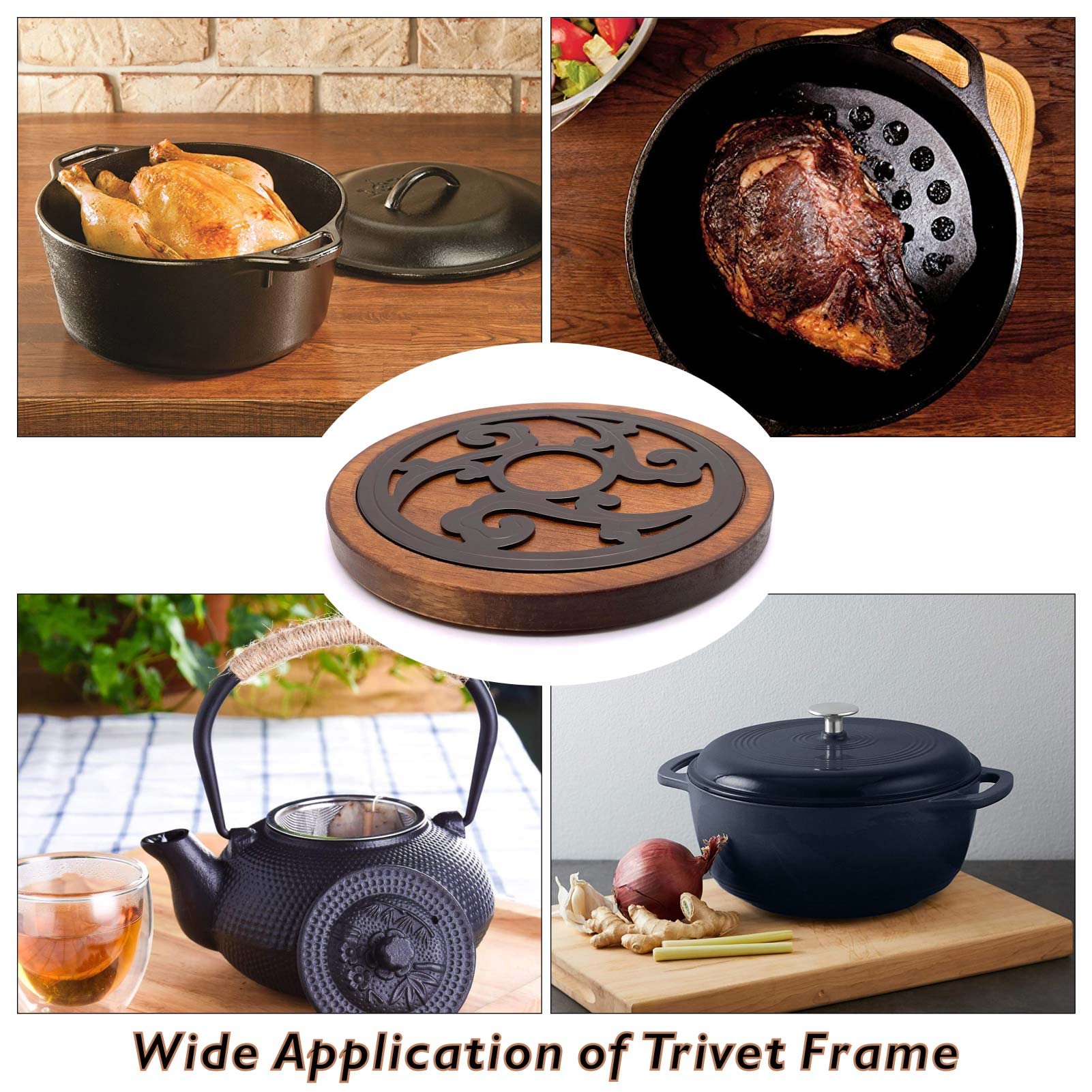 Cast Iron With Wood Trivets Set Of 2, Wooden Trivets For Hot Dishes, 8-Inch Round Kitchen Hot Pads For Table And Kitchen Counter