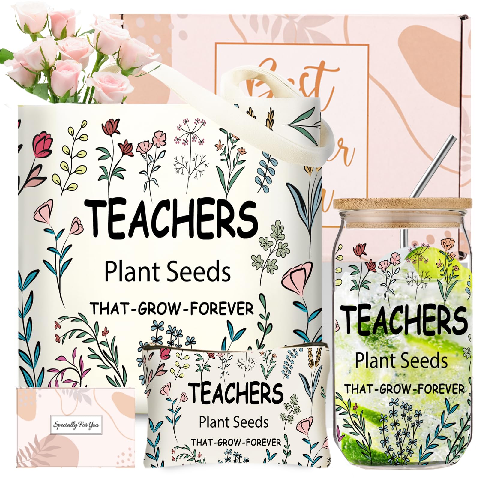 DHQH Teacher Christmas Gifts for Women, Teacher Appreciation Gifts, Funny hanksgiving Set with 16OZ Glass Cup, Tote Bag for New