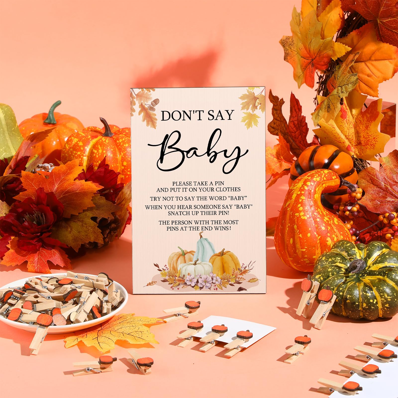 Unittype 51 Pcs Don'T Say Baby Shower Game Supplies Include Fall Pumpkin Theme Baby Shower Sign And 50 Mini Pumpkin Clothespins